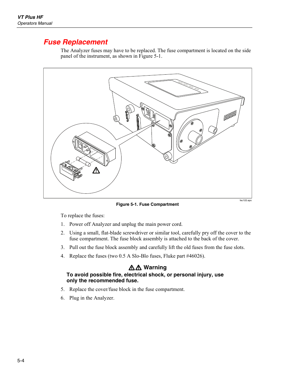 Fuse replacement | Fluke Biomedical VT Plus HF User Manual | Page 122 / 142