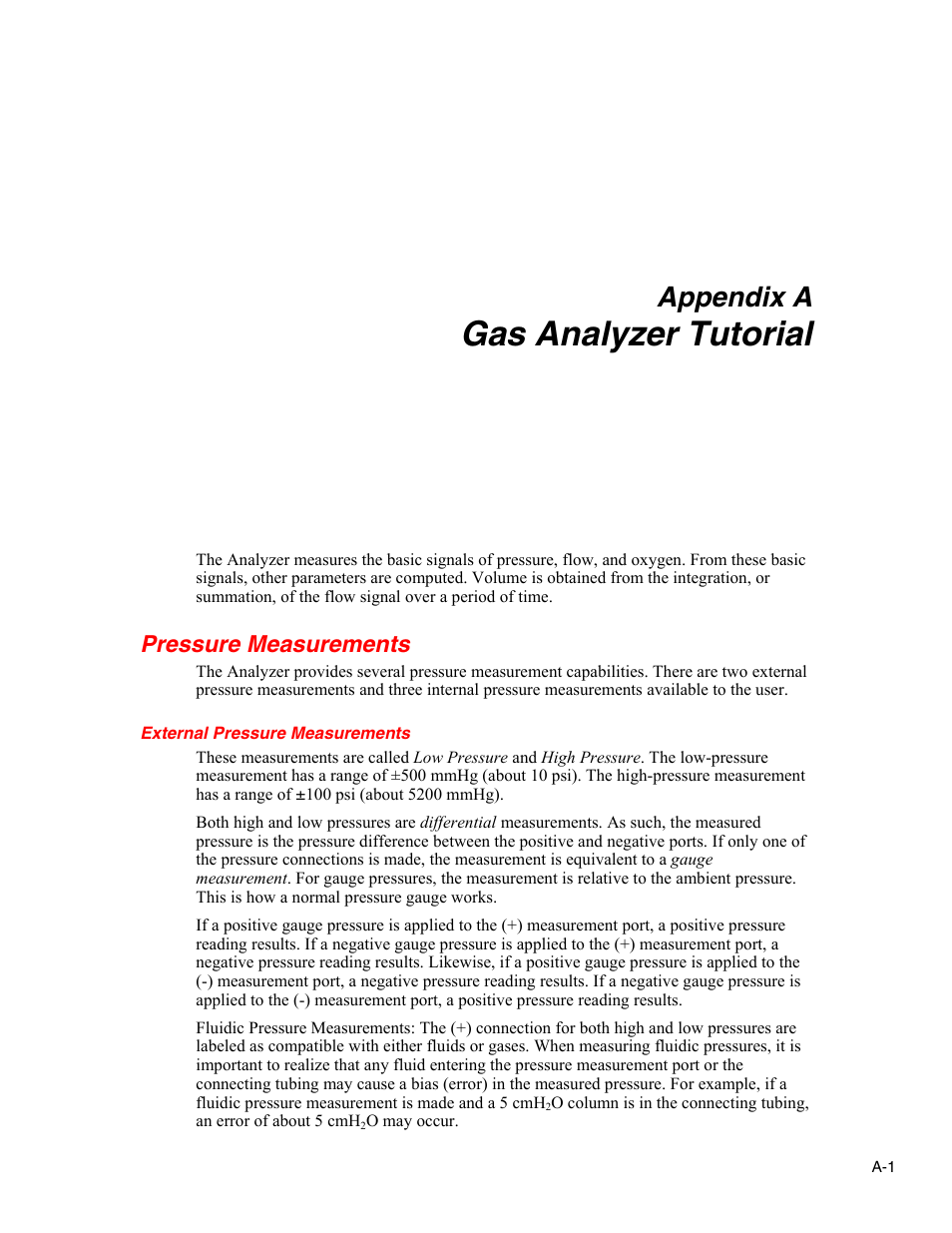A. gas analyzer tutorial, Gas analyzer tutorial, Appendix a | Pressure measurements | Fluke Biomedical VT Plus HF User Manual | Page 127 / 142