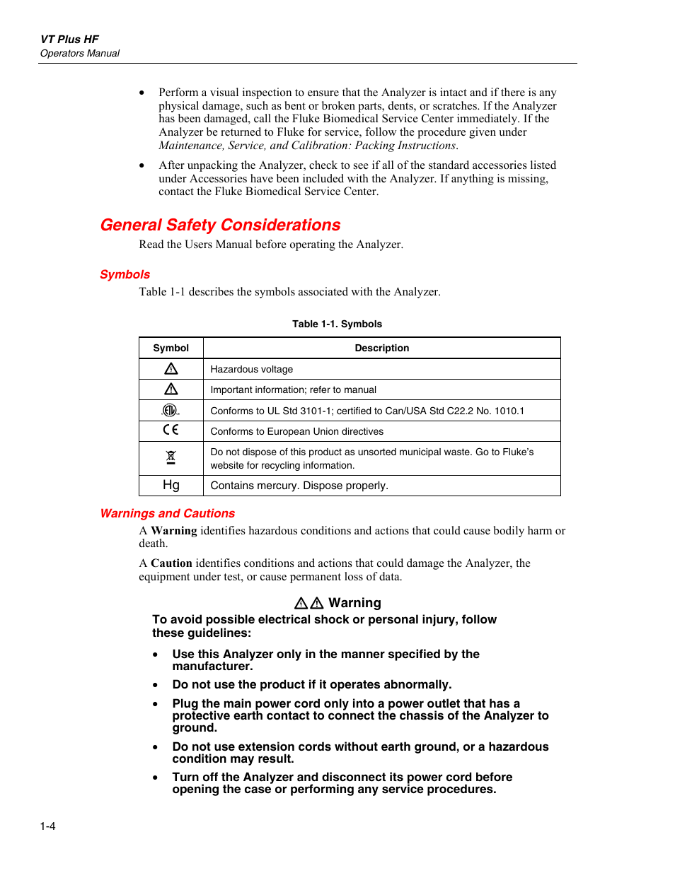 General safety considerations, Symbols, Warnings and cautions | Fluke Biomedical VT Plus HF User Manual | Page 16 / 142