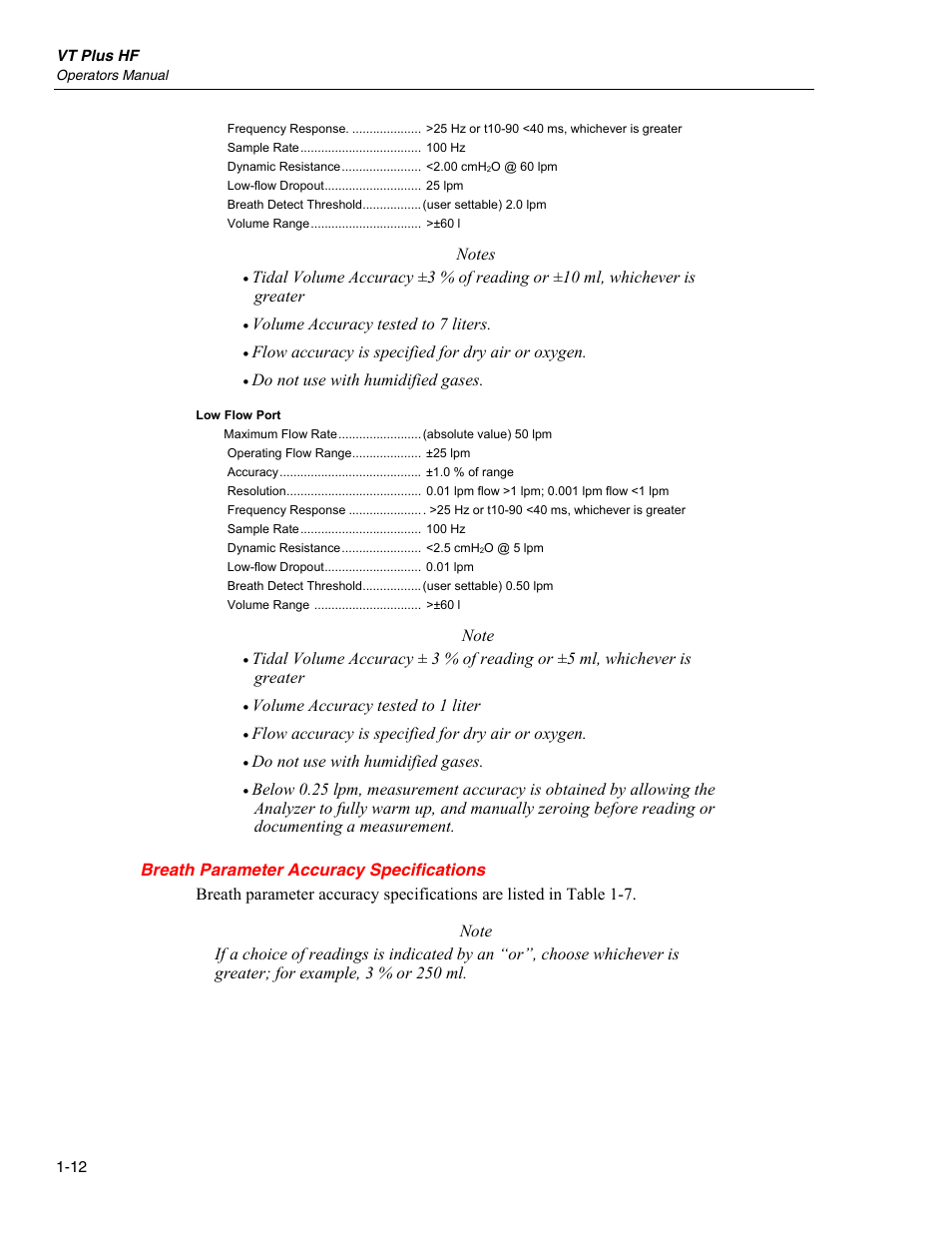 Breath parameter accuracy specifications | Fluke Biomedical VT Plus HF User Manual | Page 24 / 142