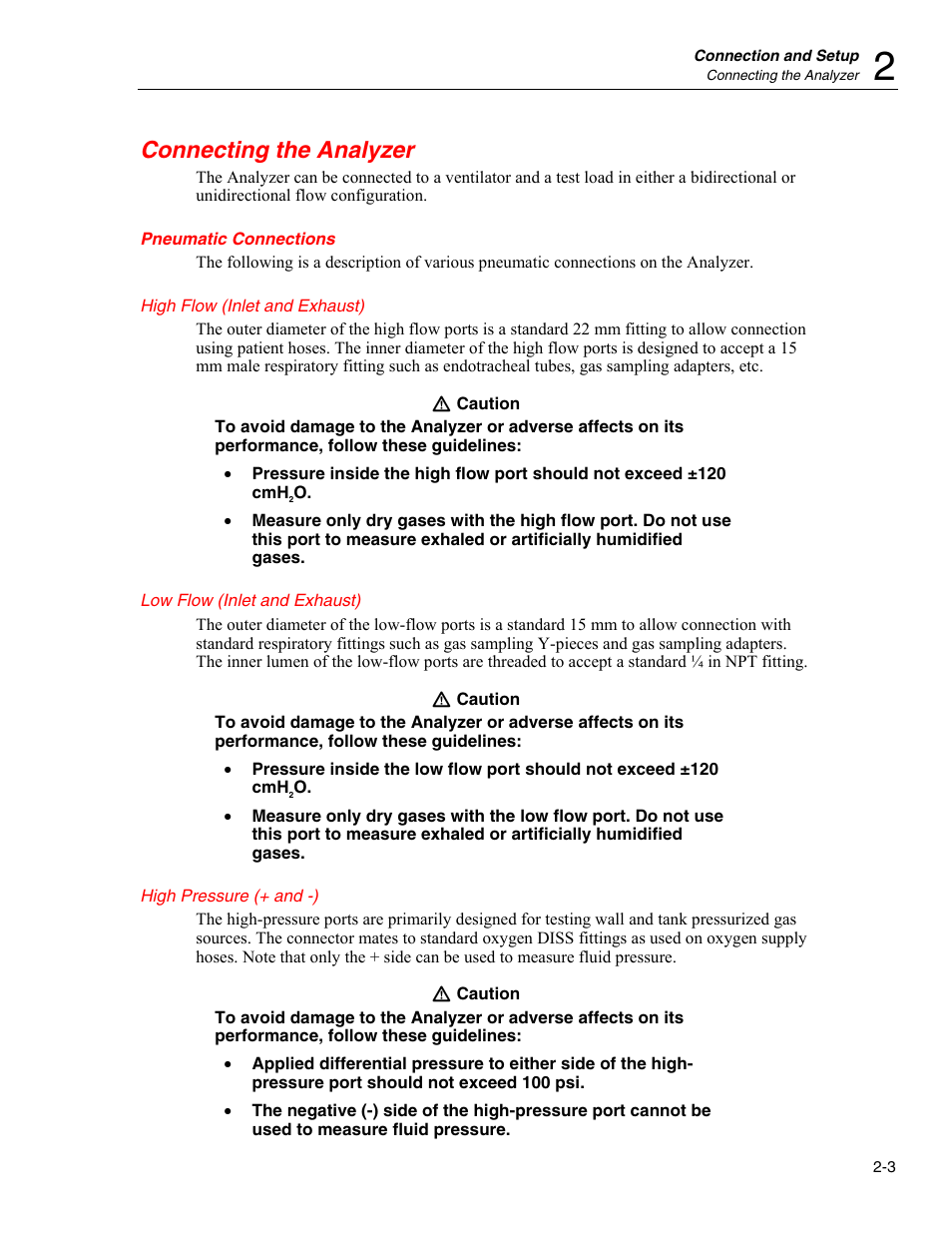 Connecting the analyzer, Pneumatic connections, High flow (inlet and exhaust) | Low flow (inlet and exhaust), High pressure (+ and -) | Fluke Biomedical VT Plus HF User Manual | Page 31 / 142