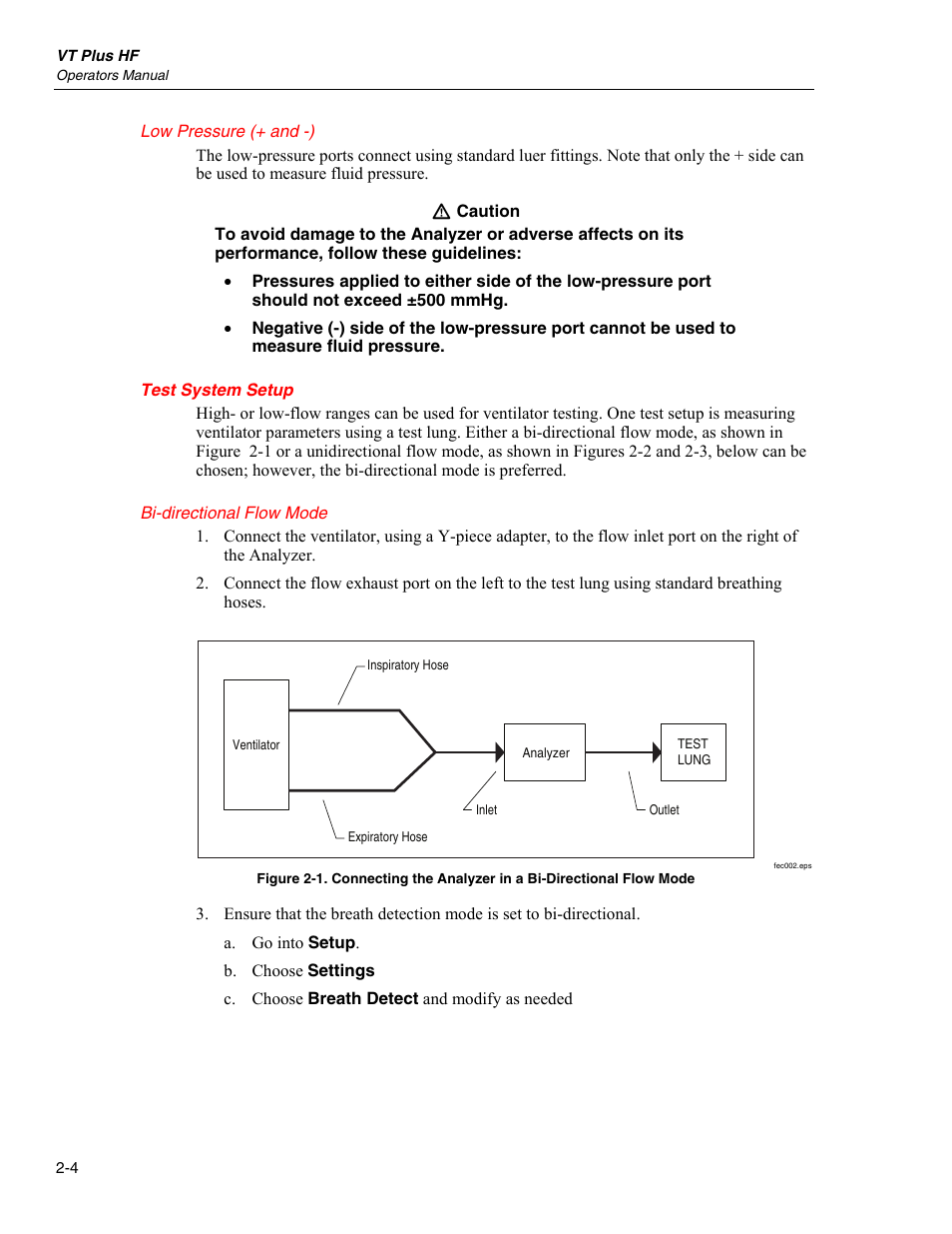Low pressure (+ and -), Test system setup, Bi-directional flow mode | Fluke Biomedical VT Plus HF User Manual | Page 32 / 142