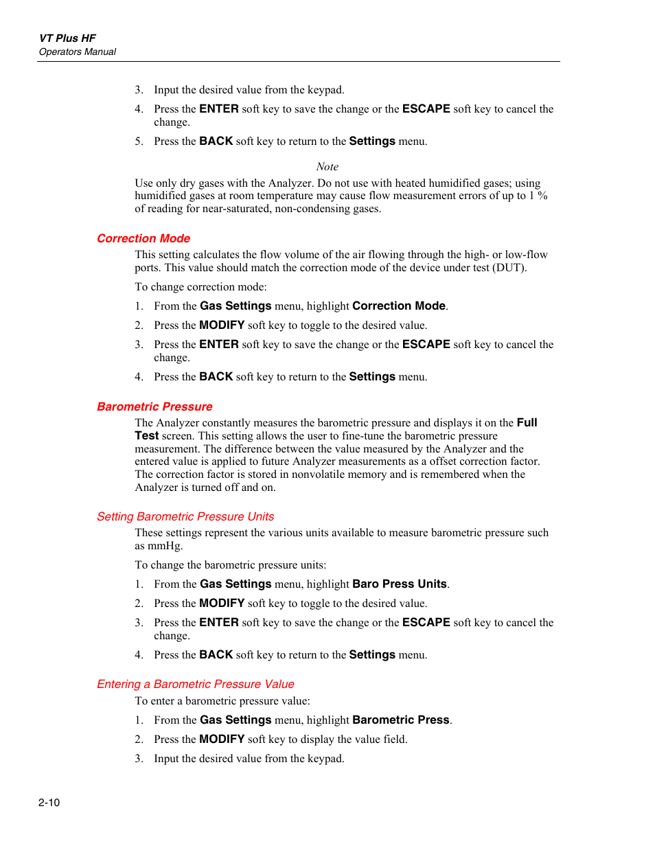 Correction mode, Barometric pressure | Fluke Biomedical VT Plus HF User Manual | Page 38 / 142