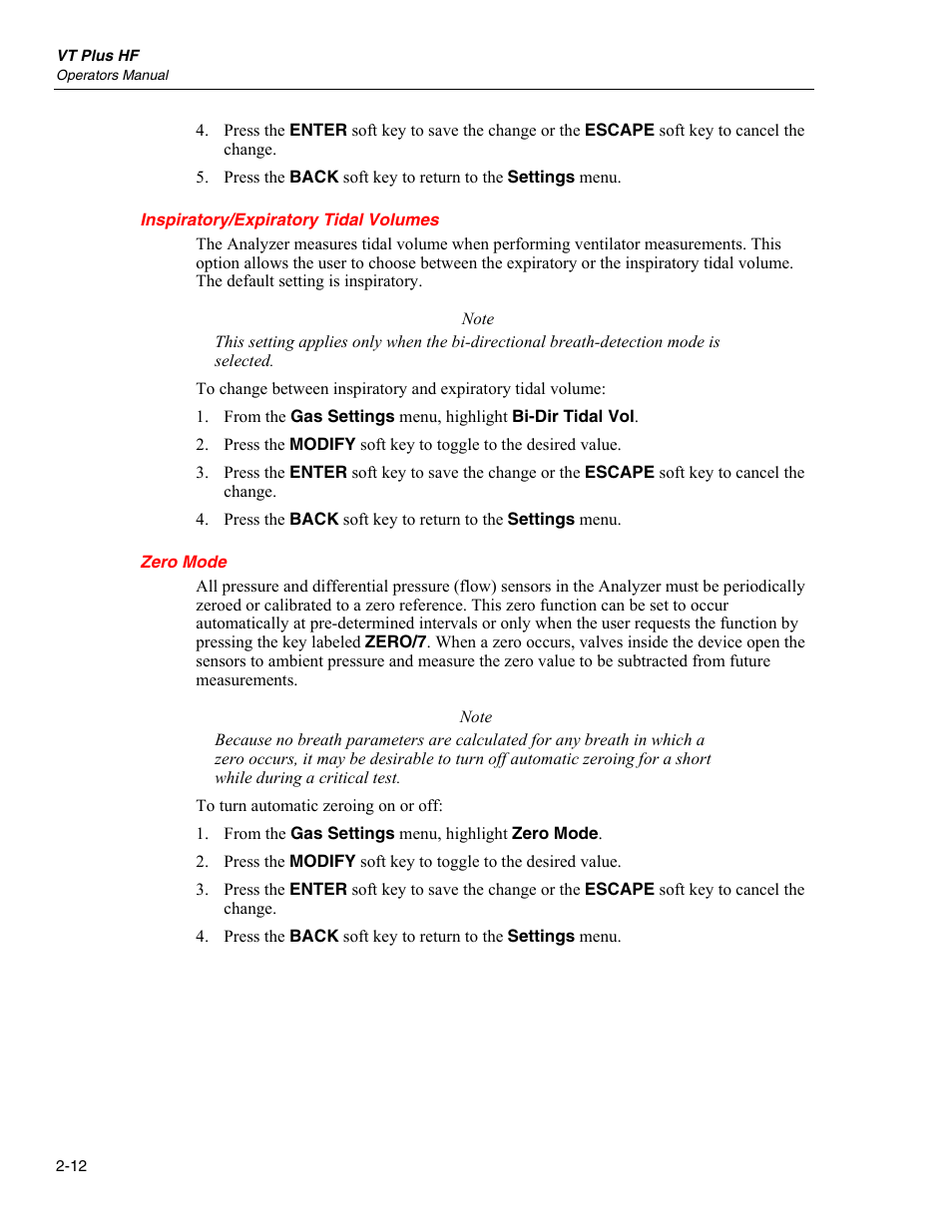Inspiratory/expiratory tidal volumes, Zero mode | Fluke Biomedical VT Plus HF User Manual | Page 40 / 142