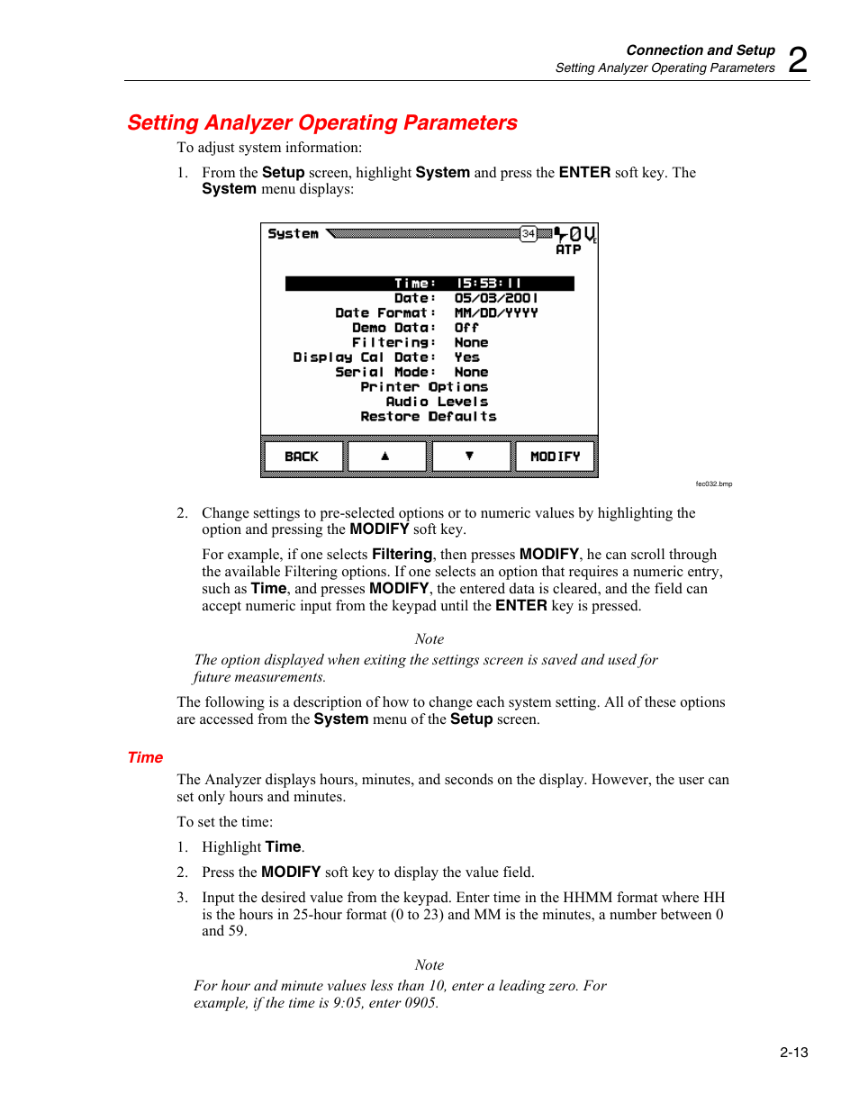 Setting analyzer operating parameters, Time | Fluke Biomedical VT Plus HF User Manual | Page 41 / 142