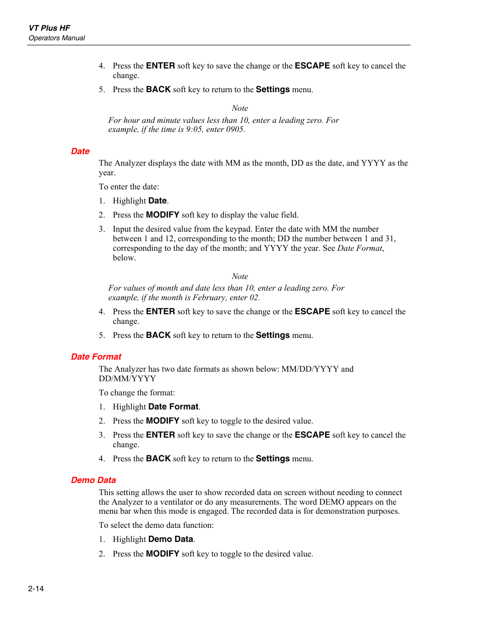 Date, Date format, Demo data | Fluke Biomedical VT Plus HF User Manual | Page 42 / 142