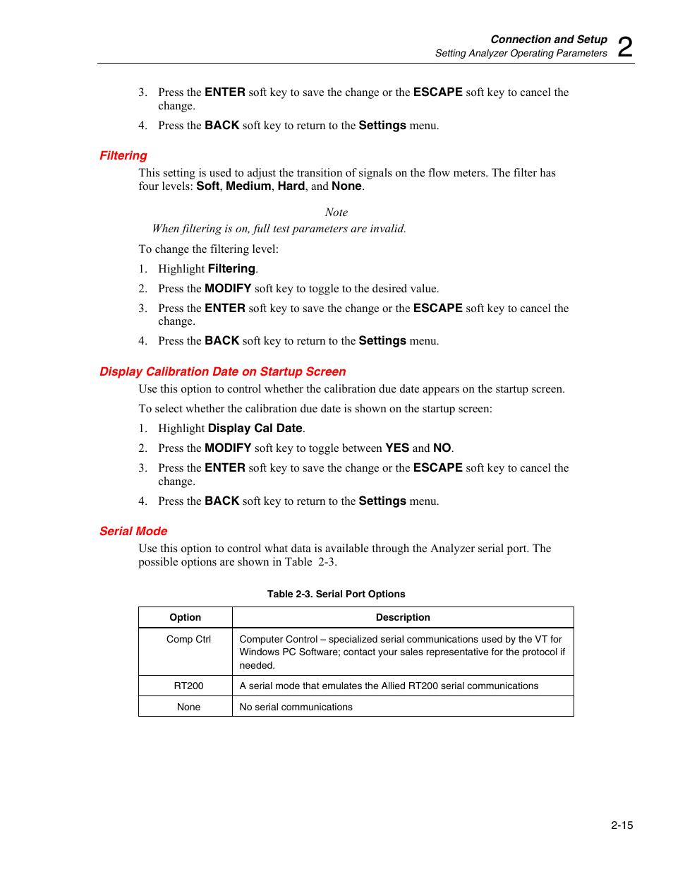 Filtering, Display calibration date on startup screen, Serial mode | Fluke Biomedical VT Plus HF User Manual | Page 43 / 142