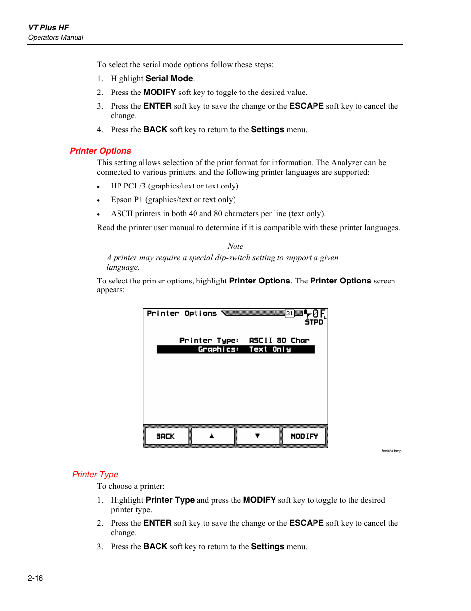 Printer options, Printer type | Fluke Biomedical VT Plus HF User Manual | Page 44 / 142