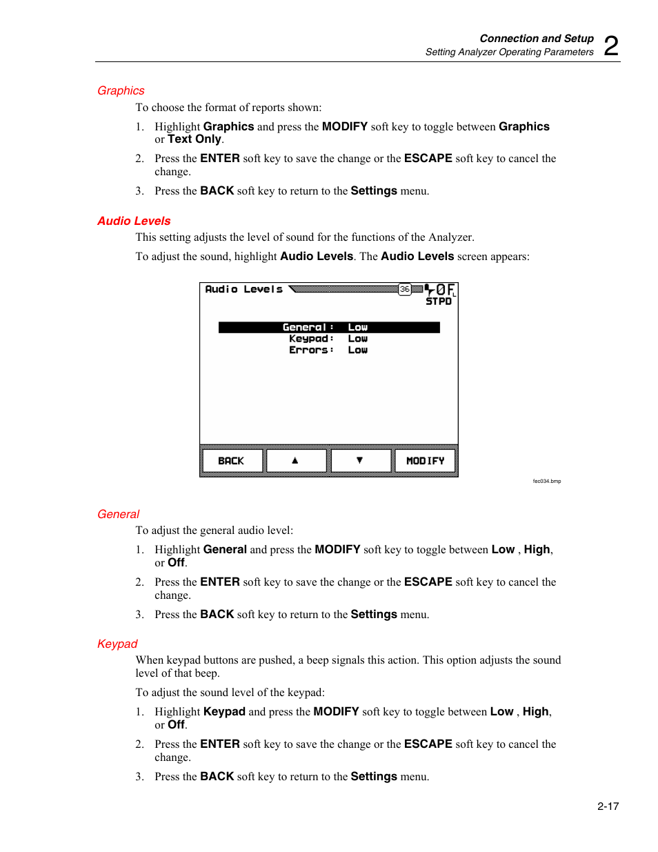 Graphics, Audio levels, General | Keypad | Fluke Biomedical VT Plus HF User Manual | Page 45 / 142