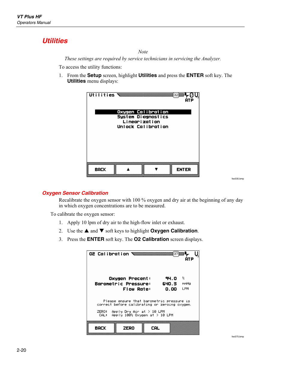 Utilities, Oxygen sensor calibration | Fluke Biomedical VT Plus HF User Manual | Page 48 / 142