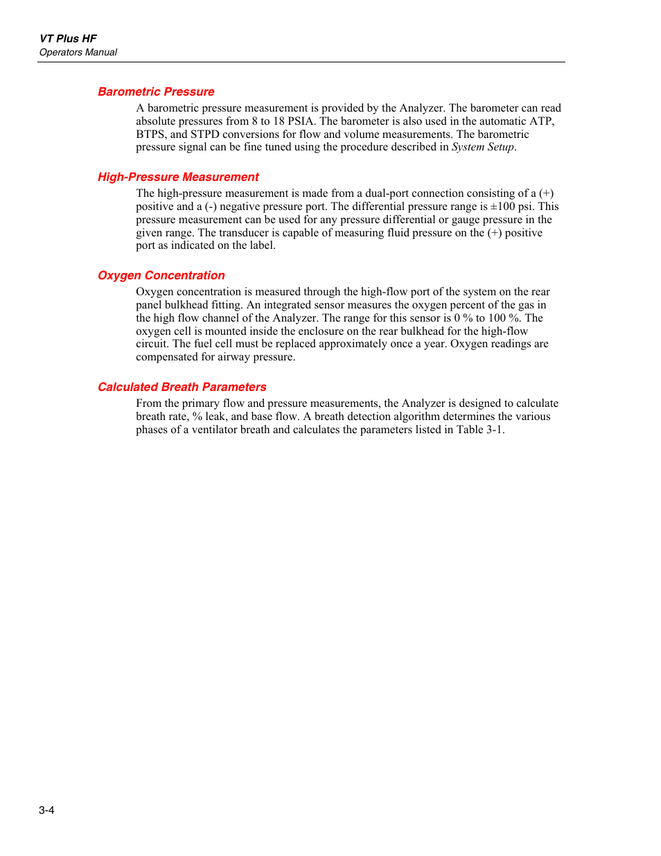 Barometric pressure, High-pressure measurement, Oxygen concentration | Calculated breath parameters | Fluke Biomedical VT Plus HF User Manual | Page 54 / 142