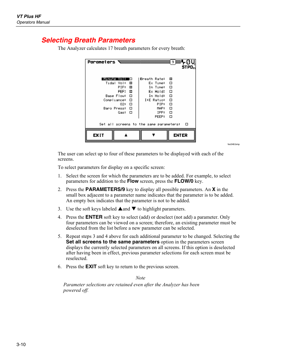 Selecting breath parameters | Fluke Biomedical VT Plus HF User Manual | Page 60 / 142