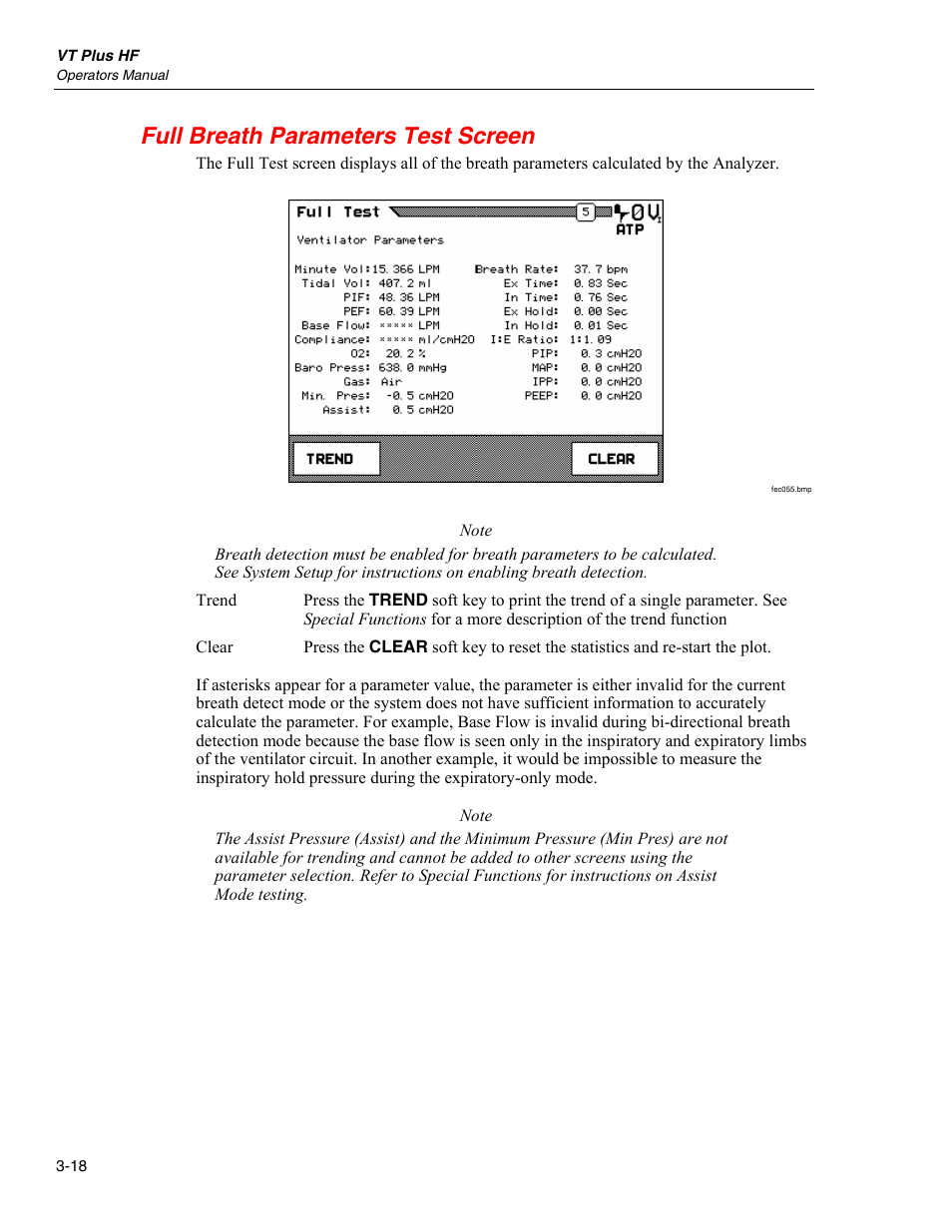Full breath parameters test screen | Fluke Biomedical VT Plus HF User Manual | Page 68 / 142