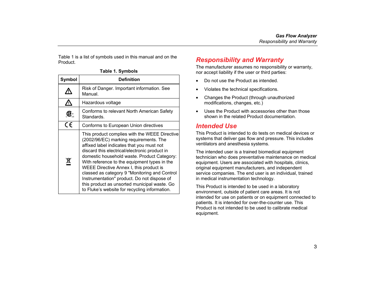 Responsibility and warranty, Intended use | Fluke Biomedical VT305 User Manual | Page 17 / 74