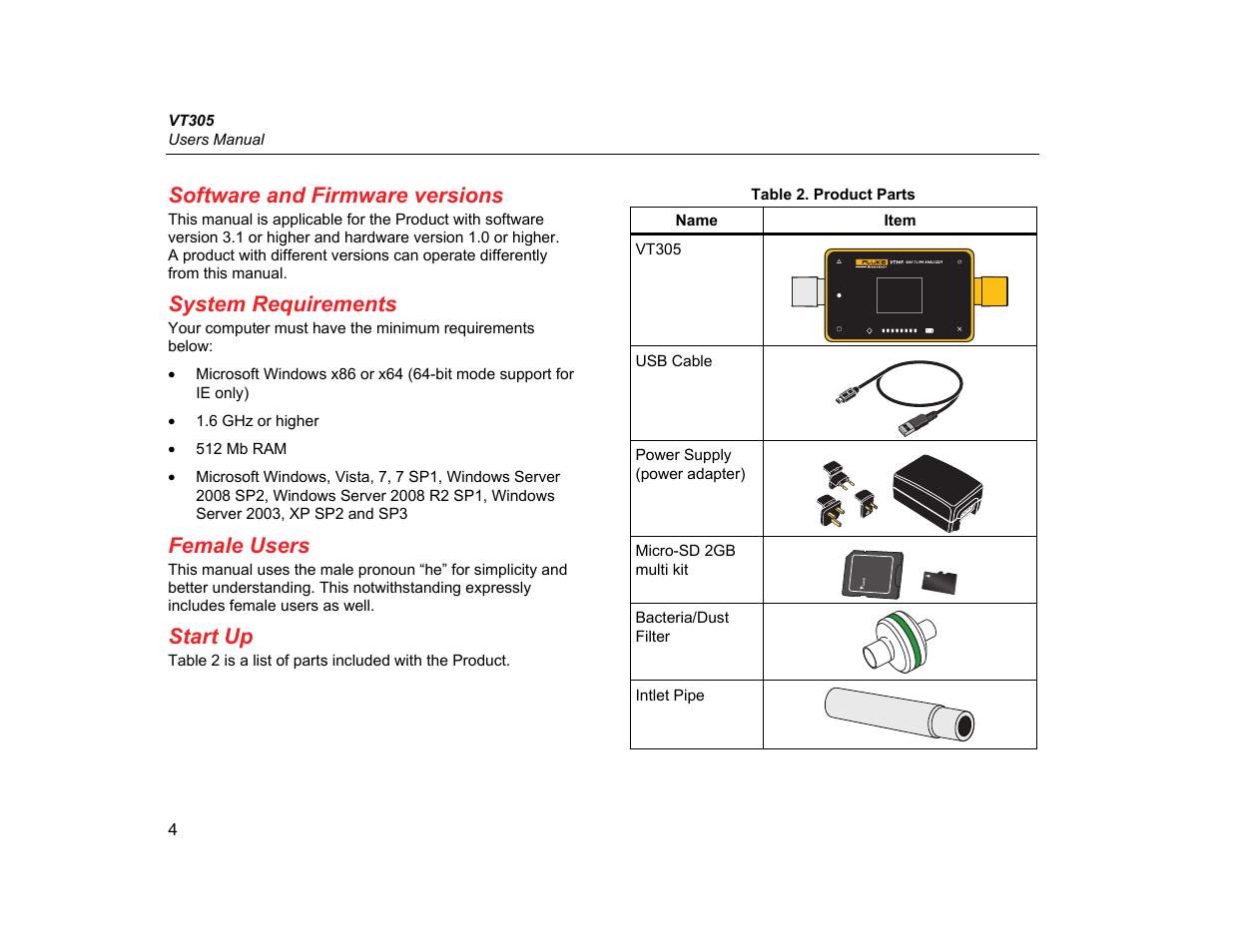 Software and firmware versions, System requirements, Female users | Start up | Fluke Biomedical VT305 User Manual | Page 18 / 74