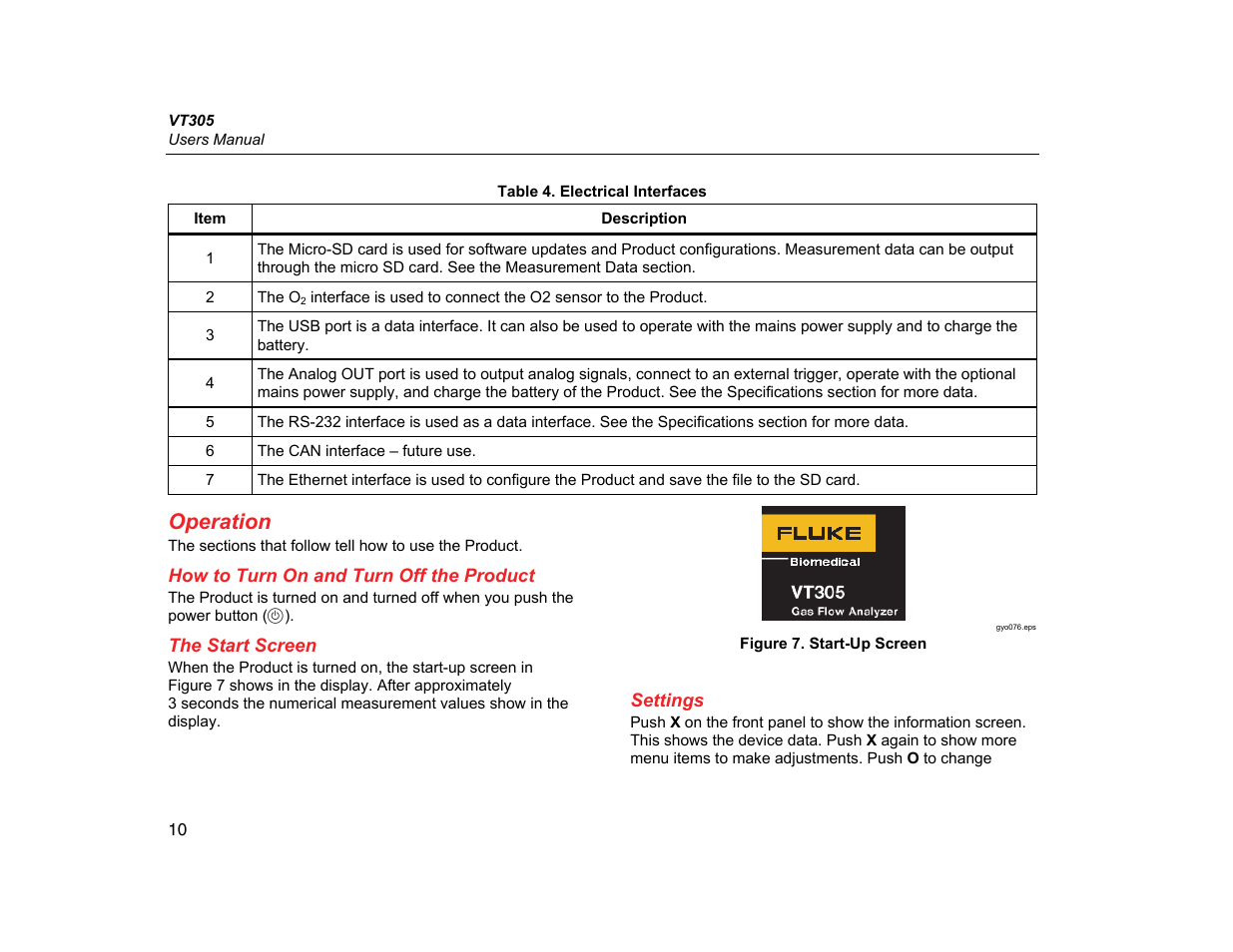 Operation, How to turn on and turn off the product, The start screen | Settings | Fluke Biomedical VT305 User Manual | Page 24 / 74