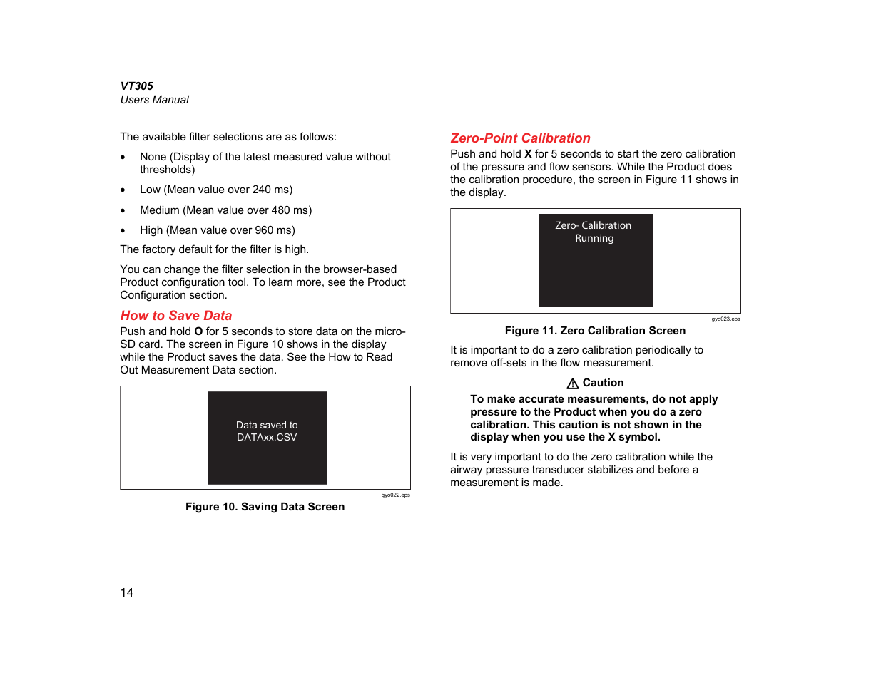 How to save data, Zero-point calibration | Fluke Biomedical VT305 User Manual | Page 28 / 74