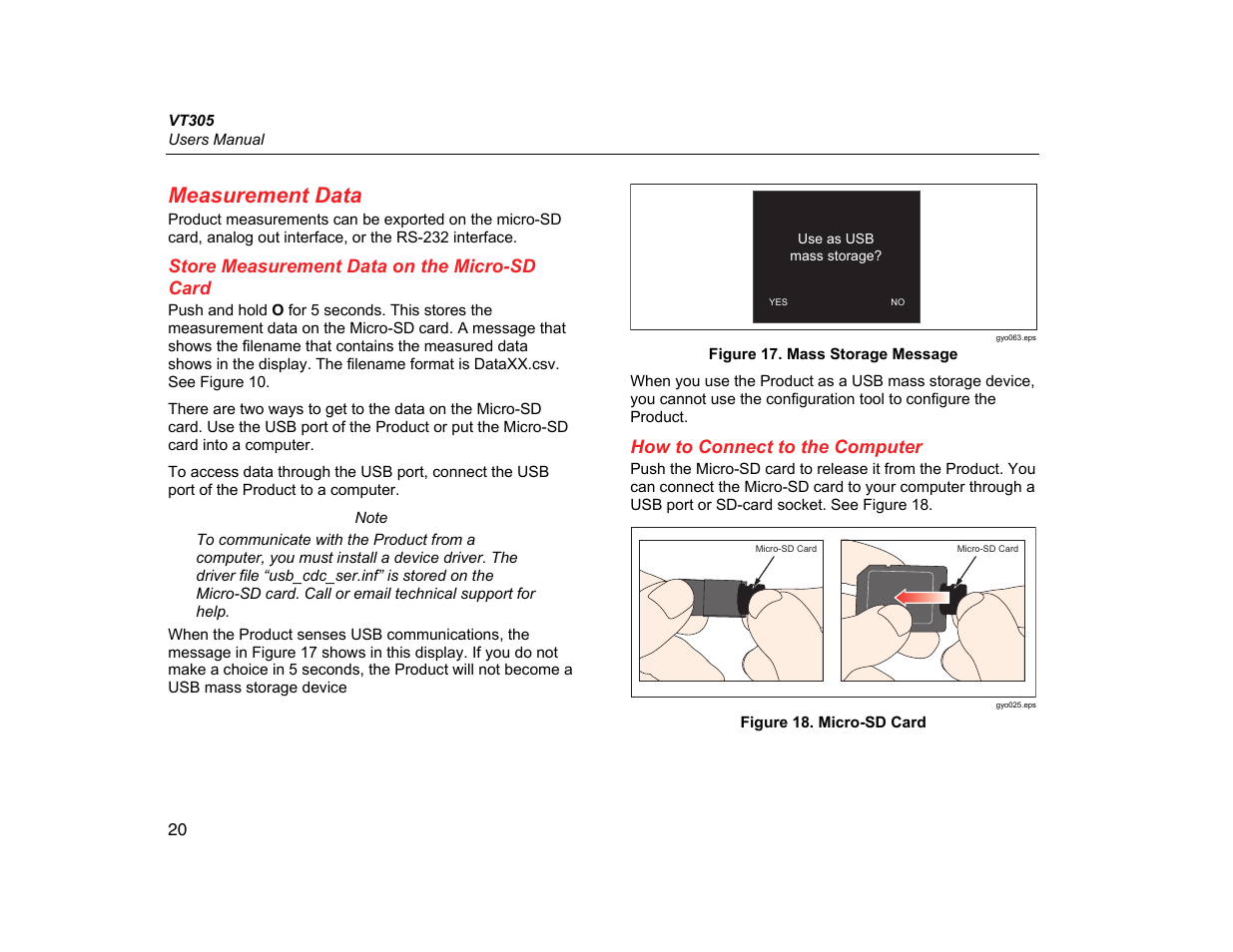 Measurement data, Store measurement data on the micro-sd card, How to connect to the computer | Fluke Biomedical VT305 User Manual | Page 34 / 74