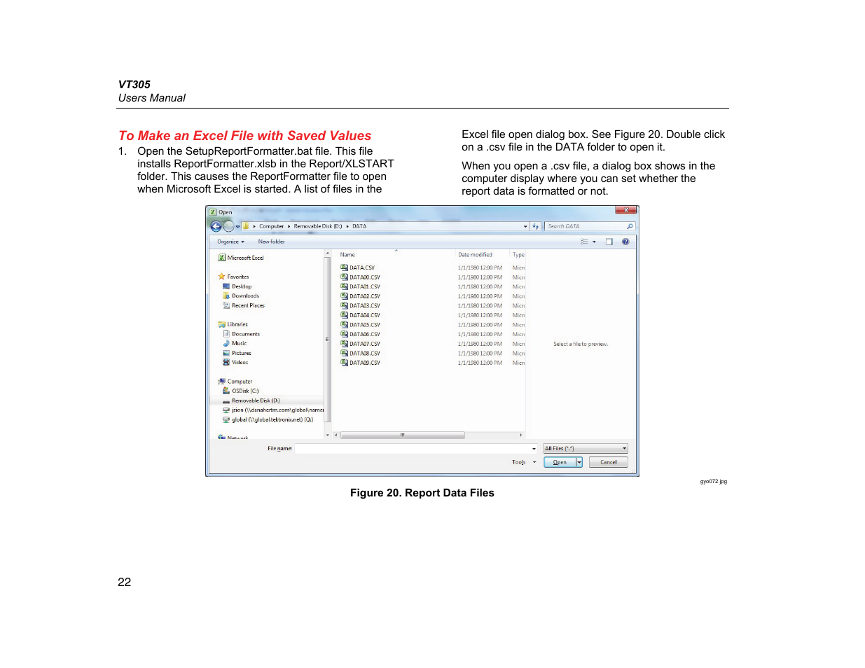 To make an excel file with saved values | Fluke Biomedical VT305 User Manual | Page 36 / 74