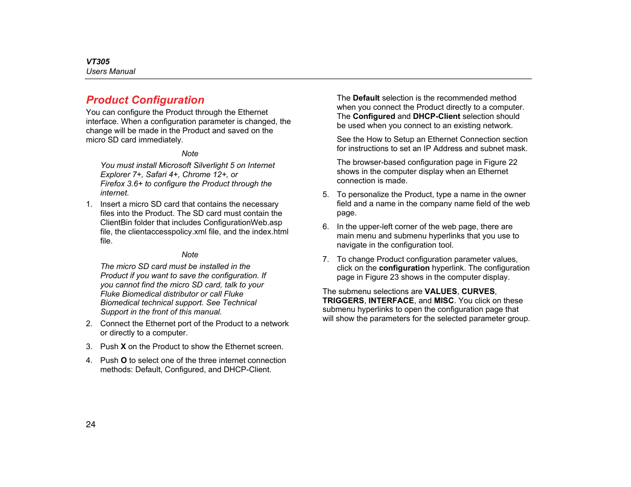 Product configuration | Fluke Biomedical VT305 User Manual | Page 38 / 74