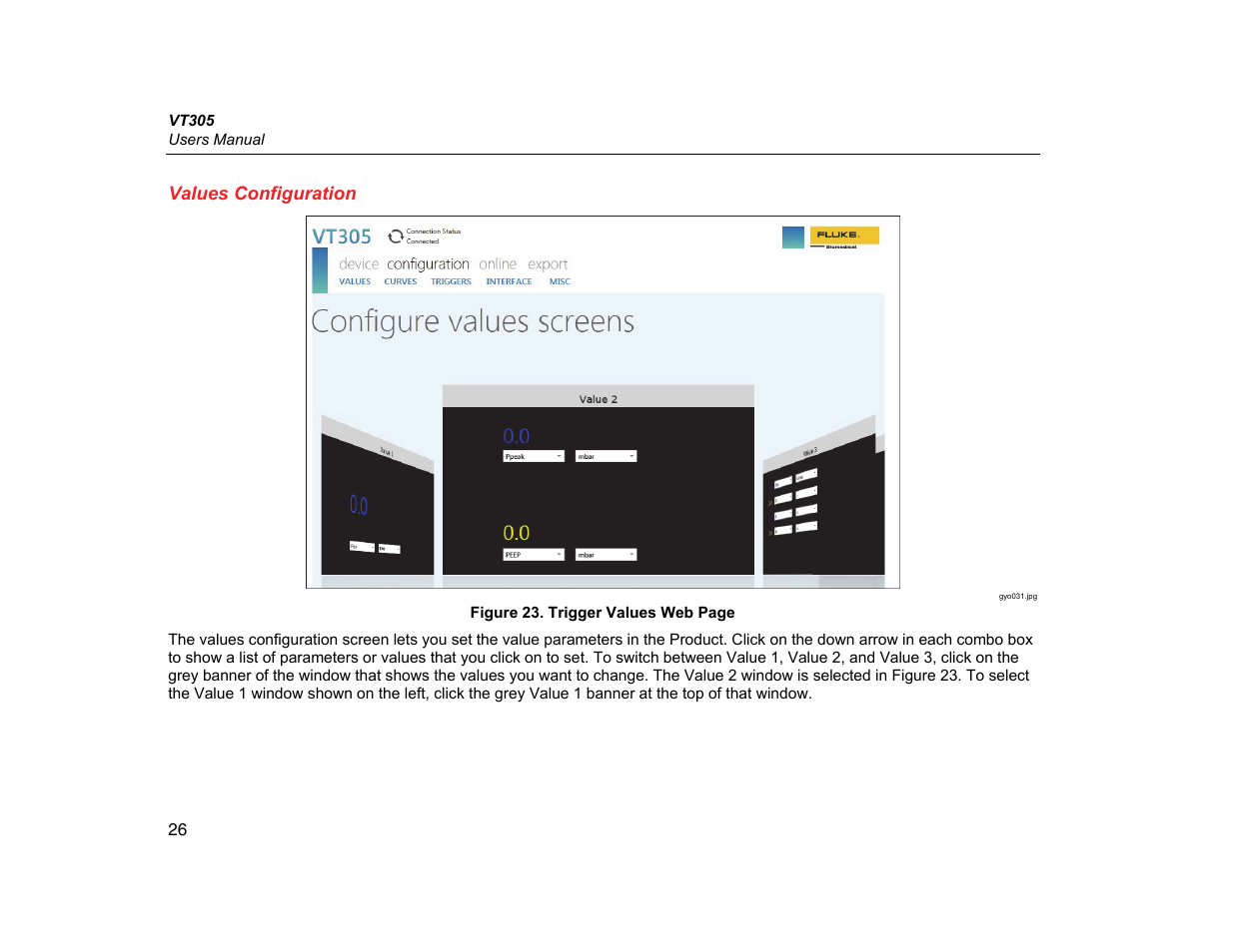 Values configuration | Fluke Biomedical VT305 User Manual | Page 40 / 74