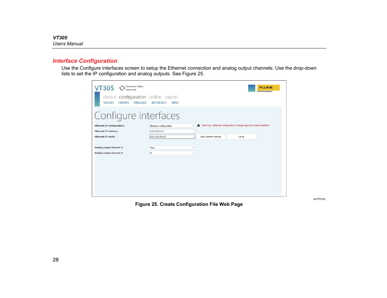 Interface configuration | Fluke Biomedical VT305 User Manual | Page 42 / 74