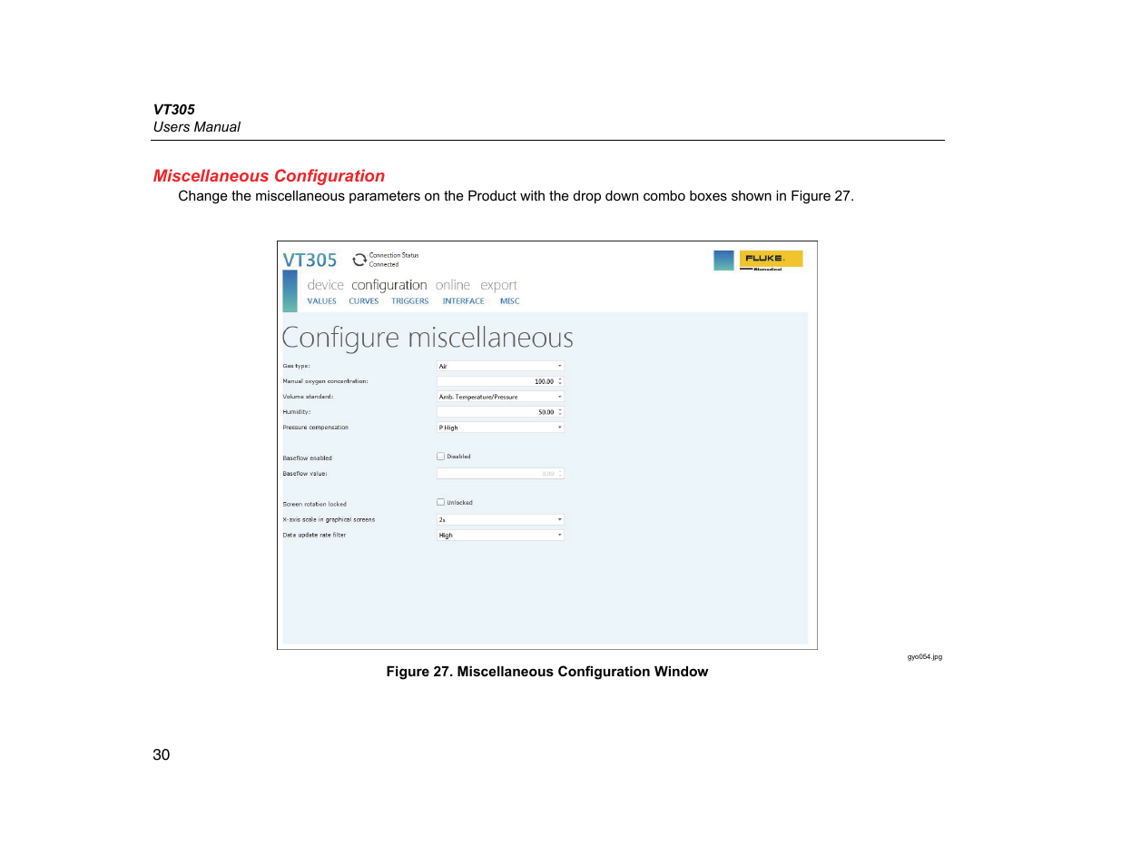 Miscellaneous configuration | Fluke Biomedical VT305 User Manual | Page 44 / 74