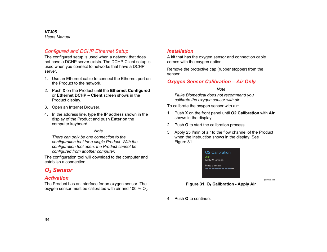 Configured and dchp ethernet setup, O2 sensor, Activation | Installation, Oxygen sensor calibration – air only, Sensor | Fluke Biomedical VT305 User Manual | Page 48 / 74