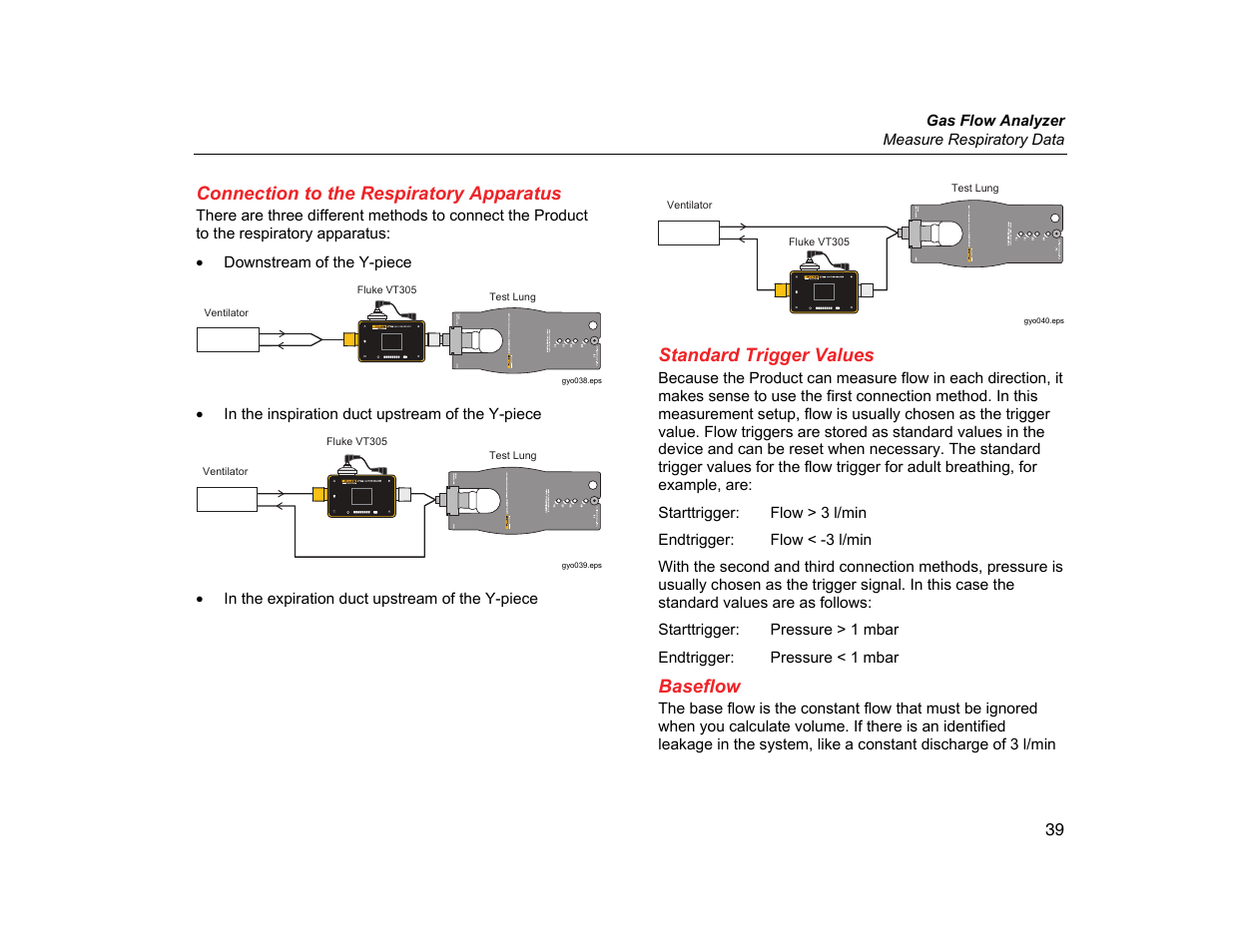 Connection to the respiratory apparatus, Standard trigger values, Baseflow | Fluke Biomedical VT305 User Manual | Page 53 / 74