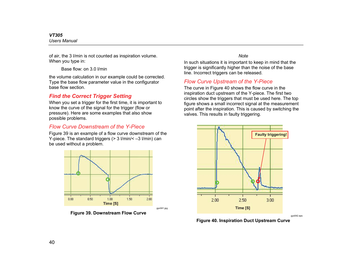 Find the correct trigger setting, Flow curve downstream of the y-piece, Flow curve upstream of the y-piece | Fluke Biomedical VT305 User Manual | Page 54 / 74