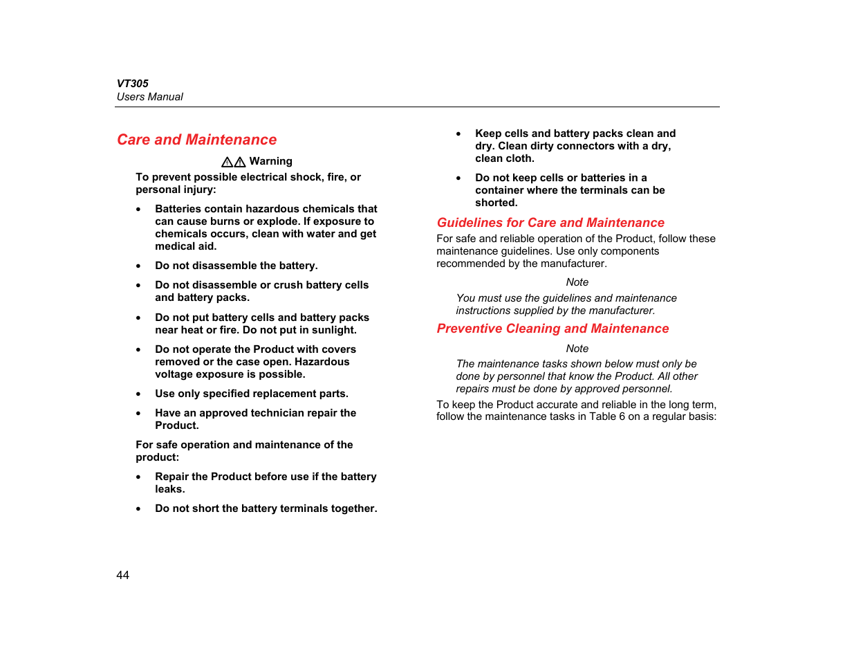 Care and maintenance, Guidelines for care and maintenance, Preventive cleaning and maintenance | Fluke Biomedical VT305 User Manual | Page 58 / 74