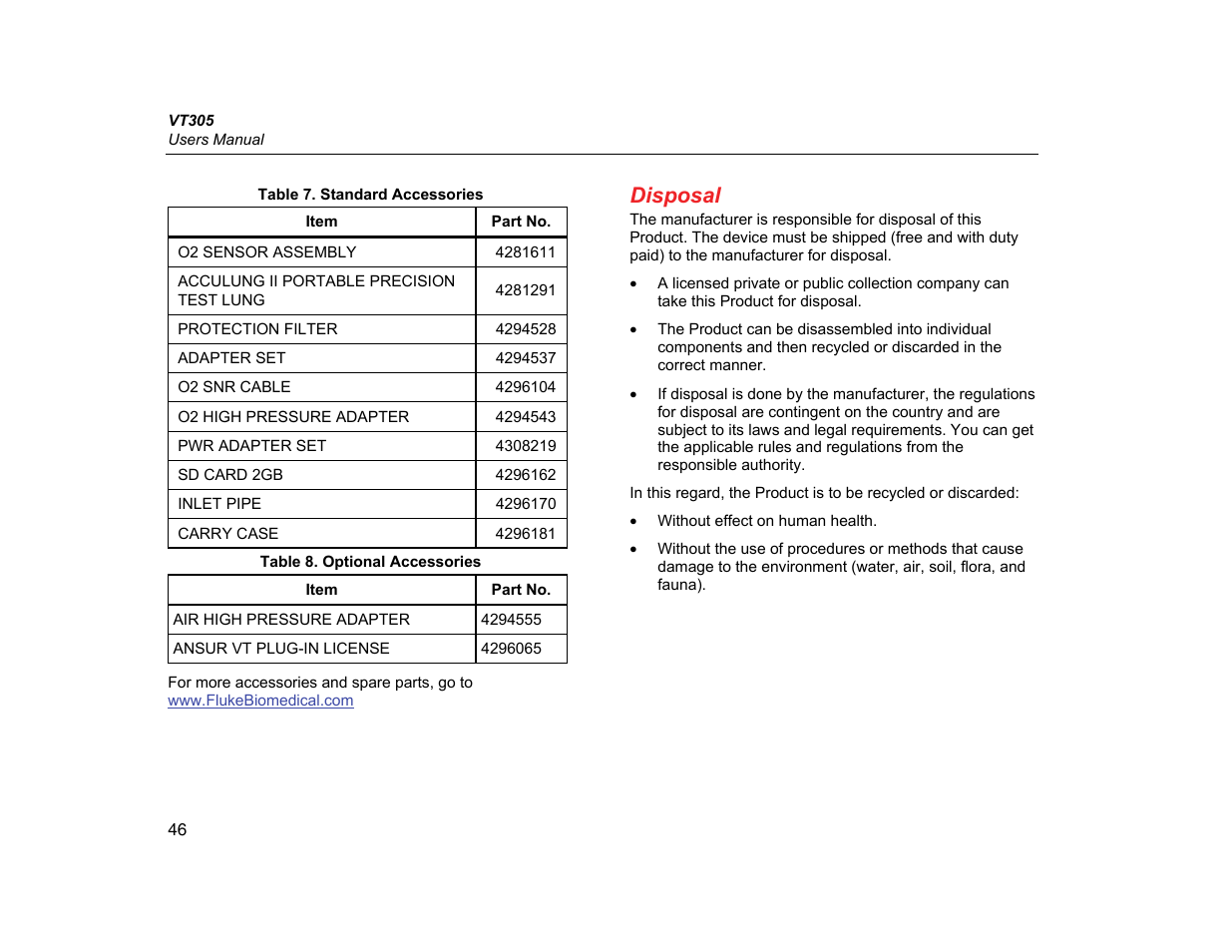 Disposal | Fluke Biomedical VT305 User Manual | Page 60 / 74