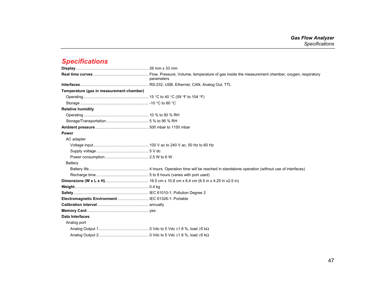 Specifications | Fluke Biomedical VT305 User Manual | Page 61 / 74