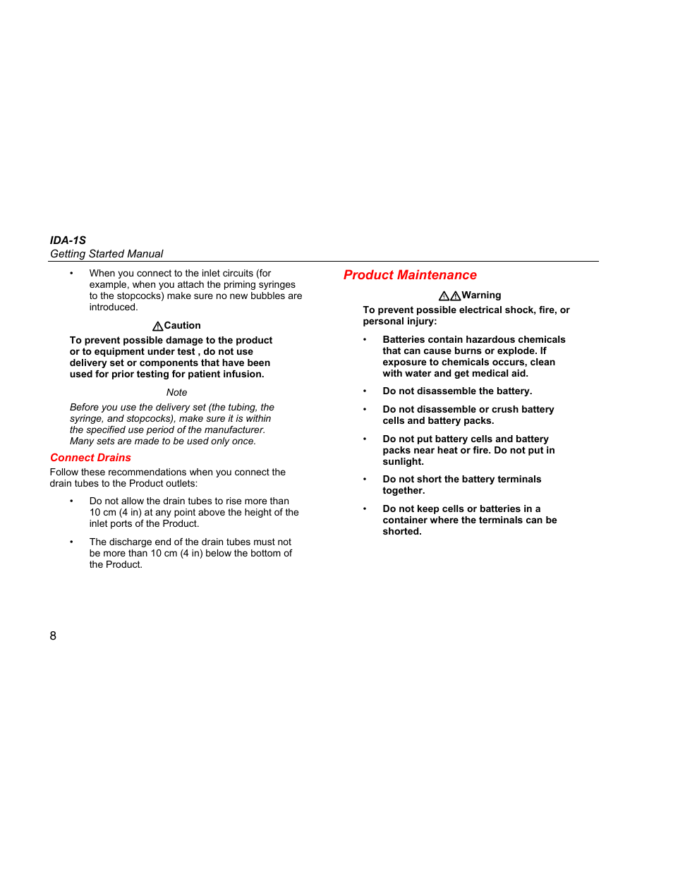 Connect drains, Product maintenance | Fluke Biomedical IDA-1S Getting Started User Manual | Page 16 / 20