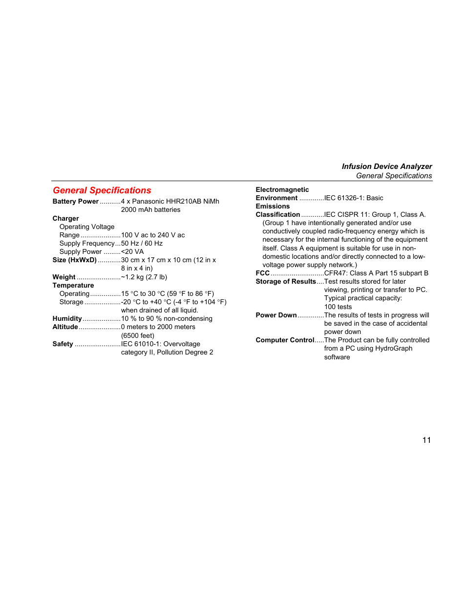 General specifications | Fluke Biomedical IDA-1S Getting Started User Manual | Page 19 / 20
