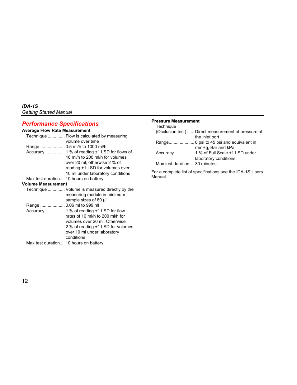 Performance specifications | Fluke Biomedical IDA-1S Getting Started User Manual | Page 20 / 20