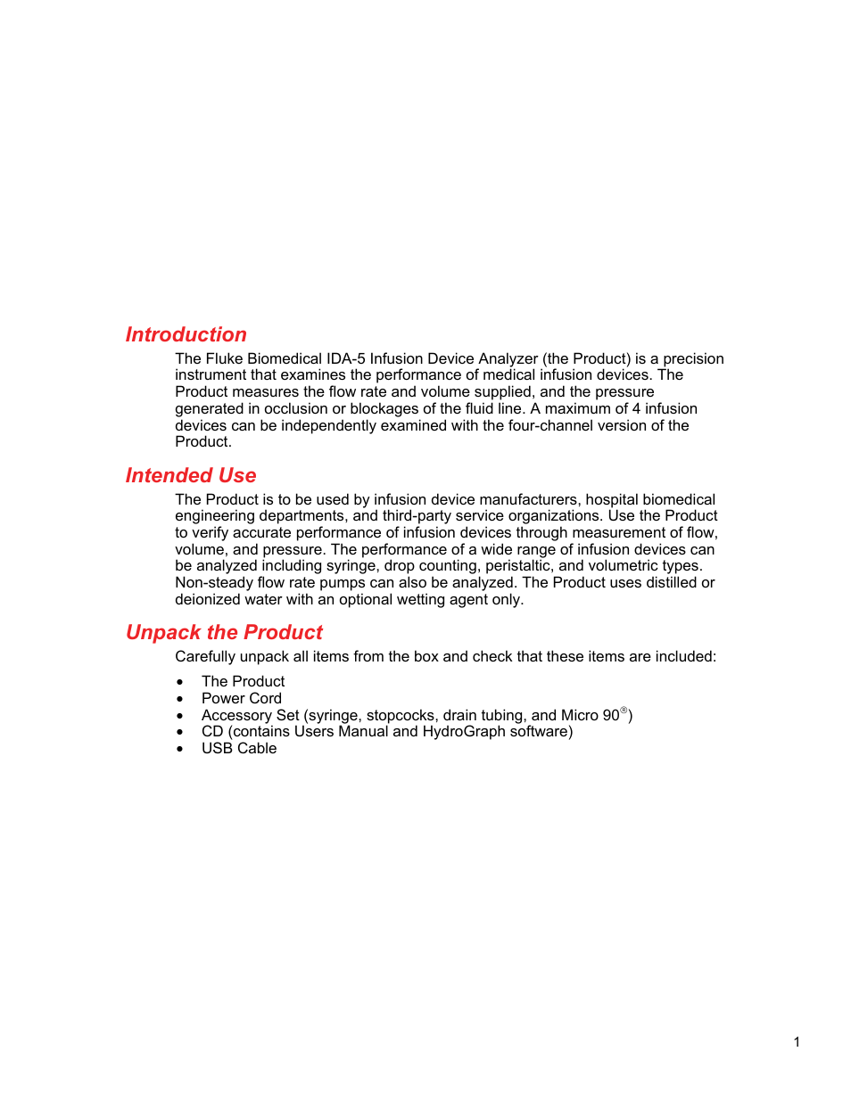 Introduction, Intended use, Unpack the product | Fluke Biomedical IDA-5 User Manual | Page 11 / 44