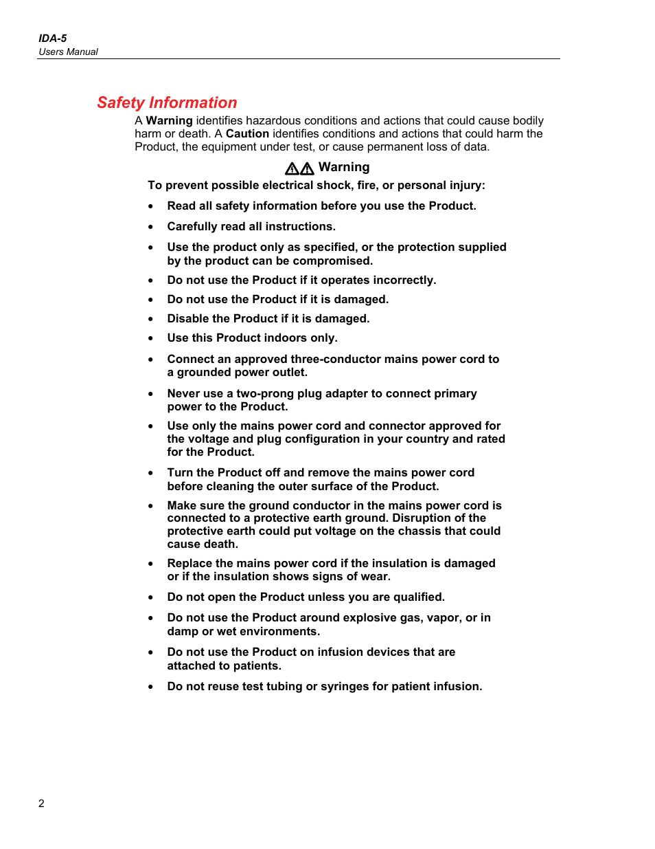 Safety information | Fluke Biomedical IDA-5 User Manual | Page 12 / 44