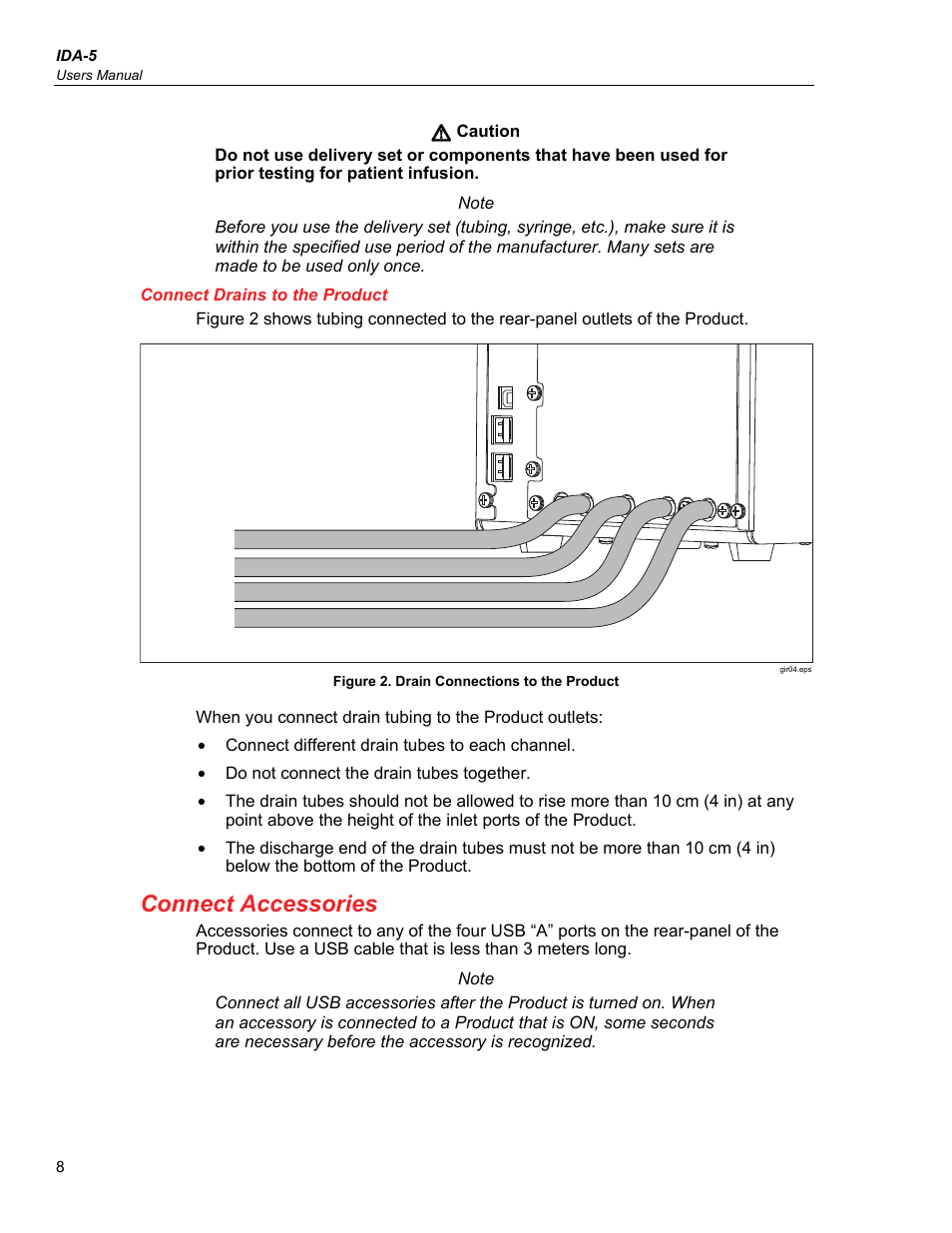 Connect drains to the product, Connect accessories | Fluke Biomedical IDA-5 User Manual | Page 18 / 44