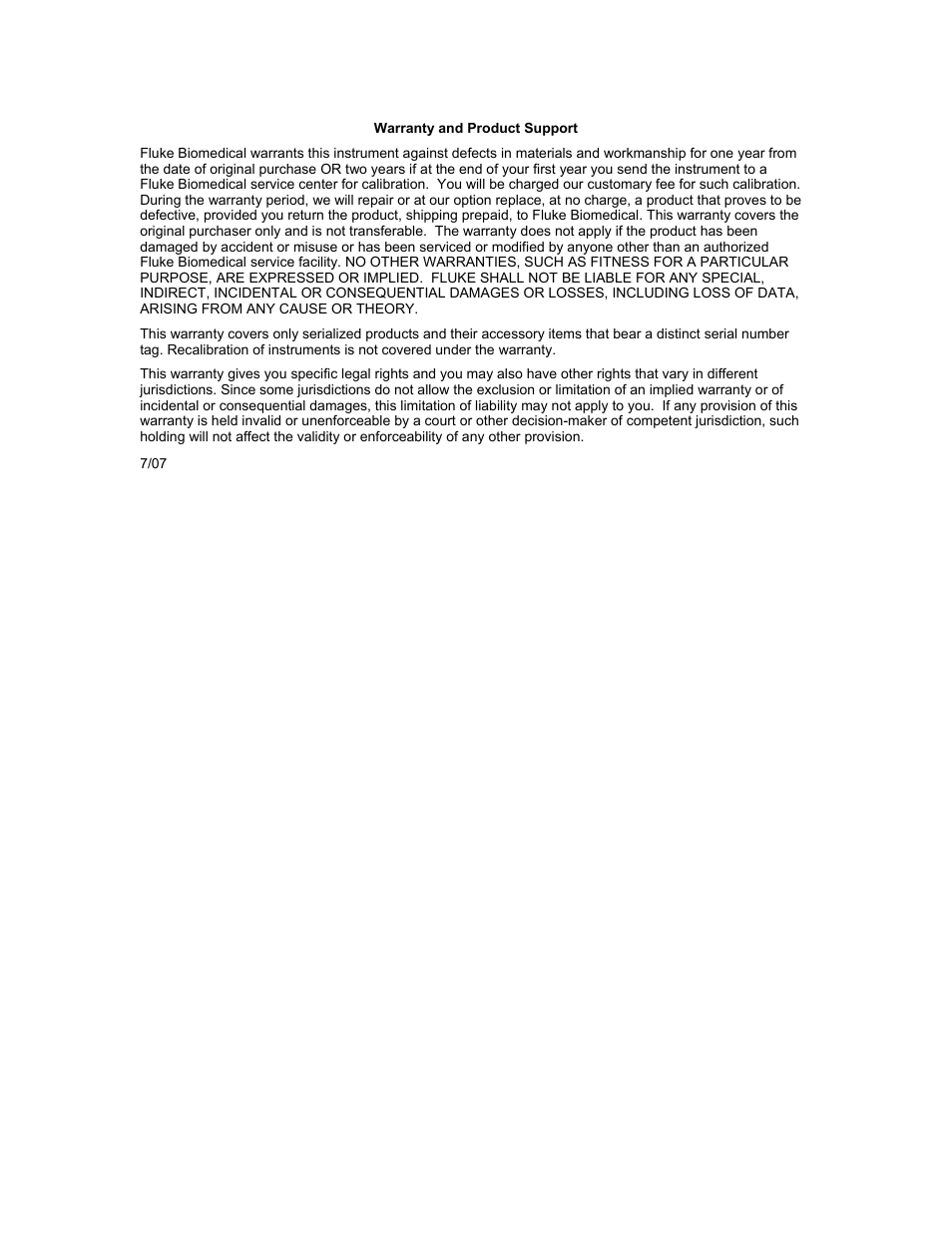 Warranty | Fluke Biomedical IDA-5 User Manual | Page 2 / 44