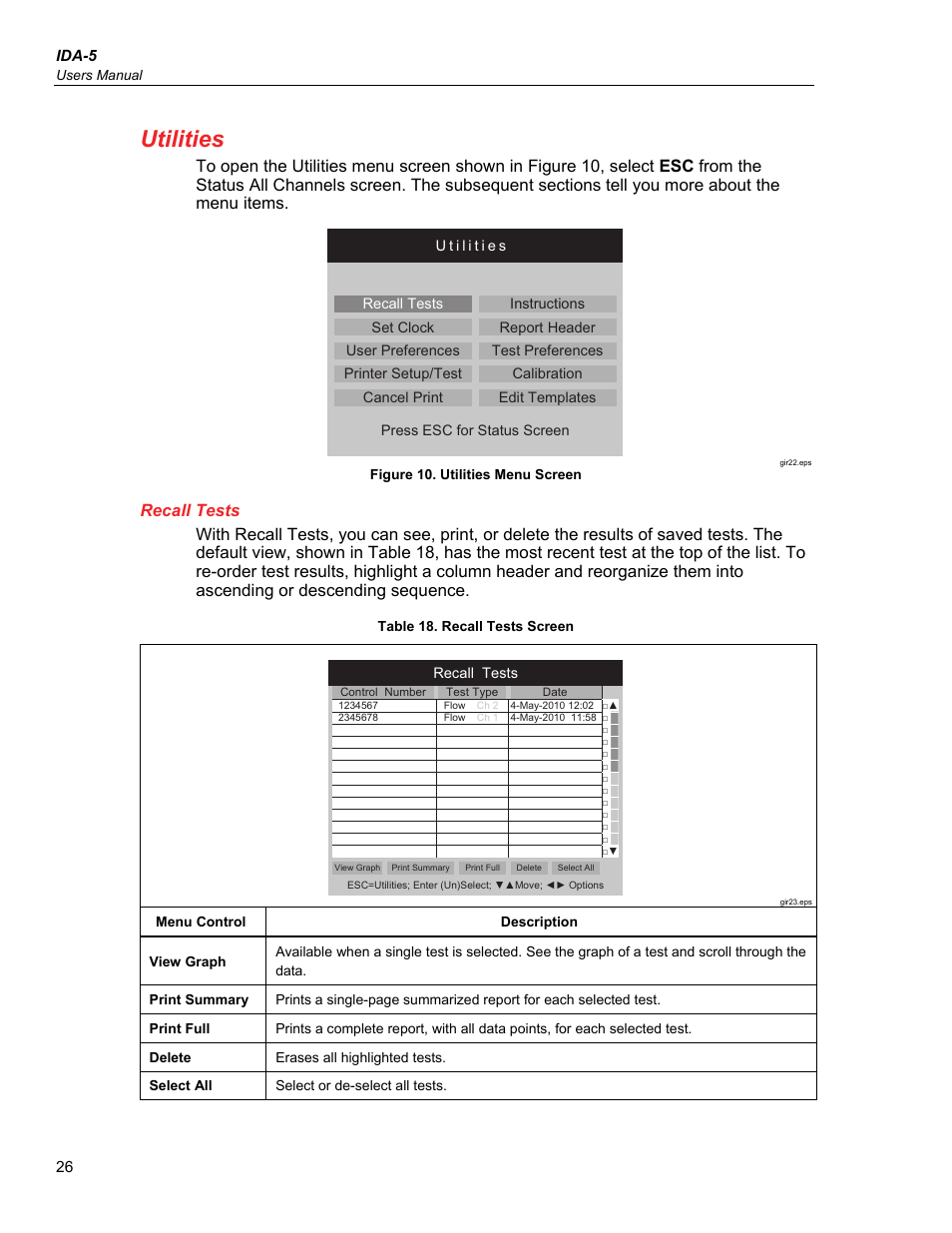 Utilities, Recall tests | Fluke Biomedical IDA-5 User Manual | Page 36 / 44