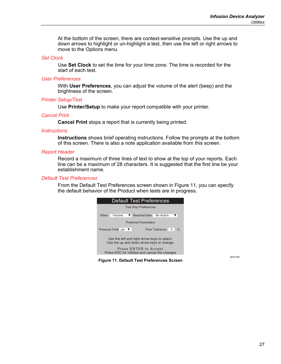 Set clock, User preferences, Printer setup/test | Cancel print, Instructions, Report header, Default test preferences | Fluke Biomedical IDA-5 User Manual | Page 37 / 44