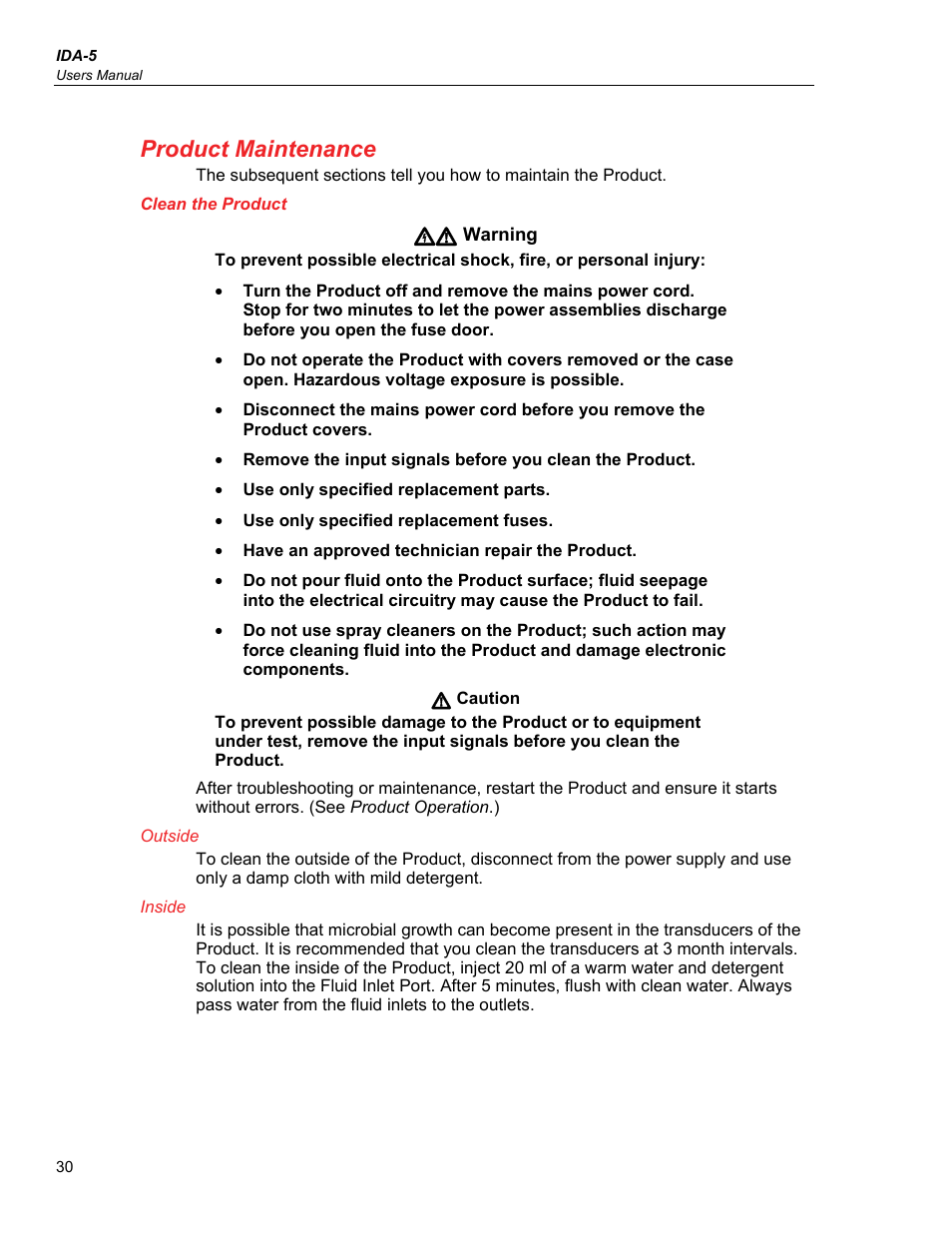 Product maintenance, Clean the product, Outside | Inside | Fluke Biomedical IDA-5 User Manual | Page 40 / 44