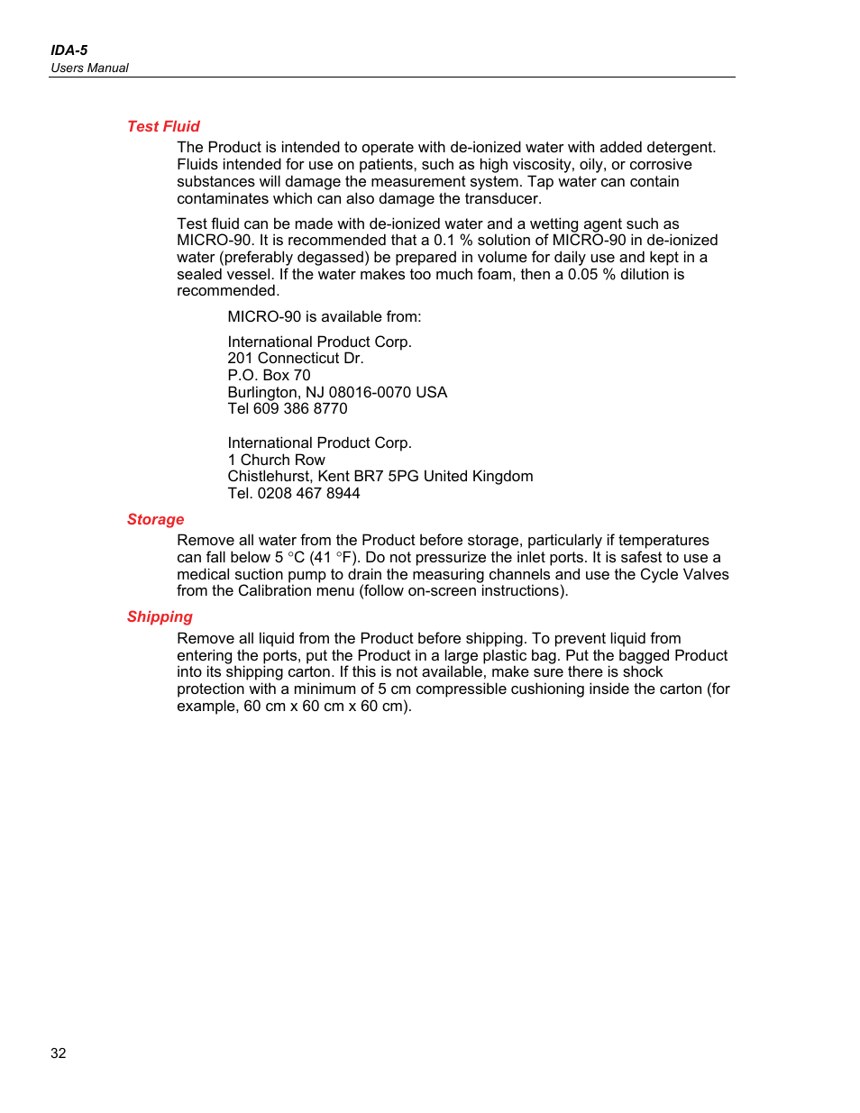 Test fluid, Storage, Shipping | Fluke Biomedical IDA-5 User Manual | Page 42 / 44
