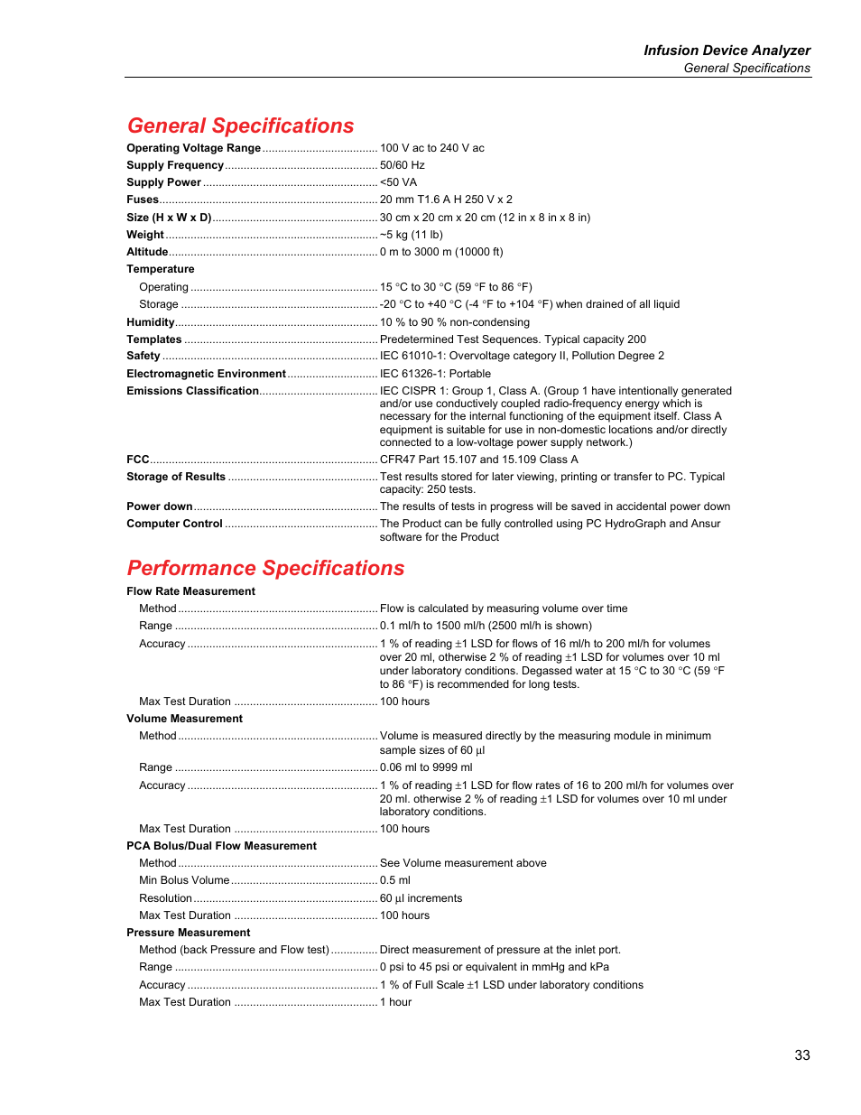 General specifications, Performance specifications | Fluke Biomedical IDA-5 User Manual | Page 43 / 44