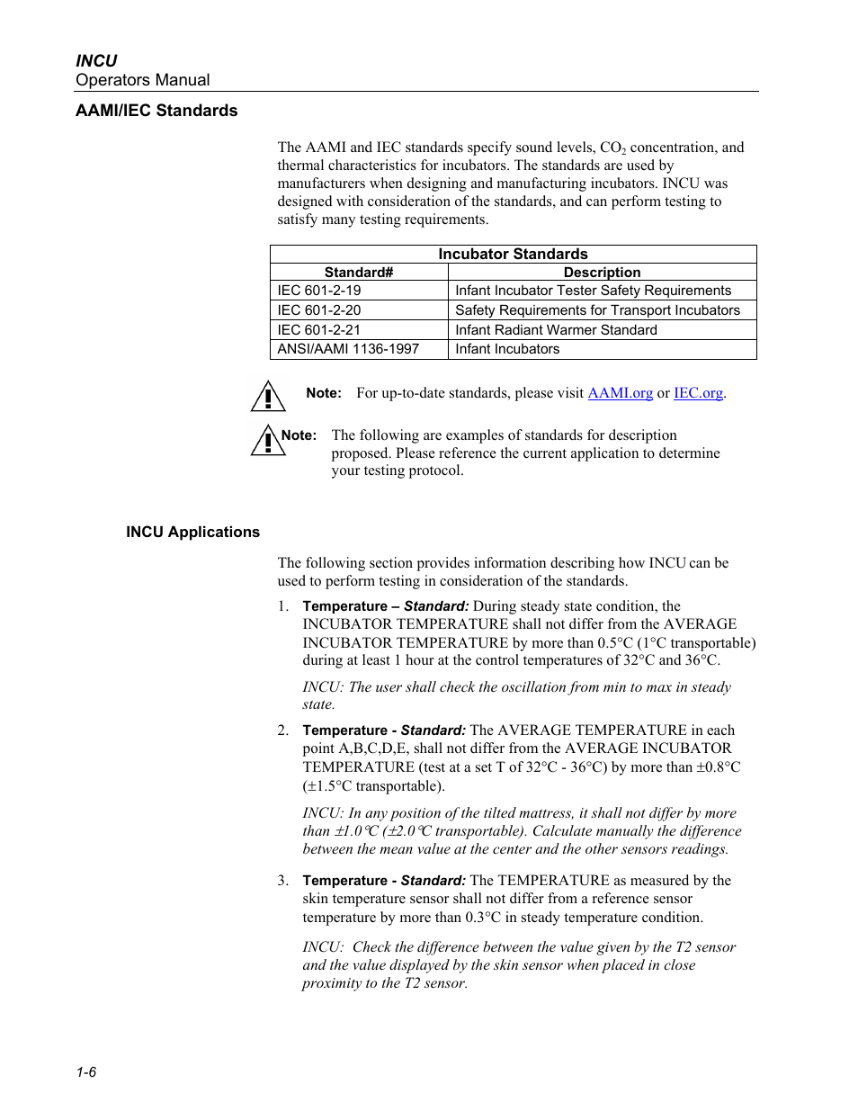 Aami/iec standards, Incu applications | Fluke Biomedical INCU Incubator Analyzer User Manual | Page 18 / 72