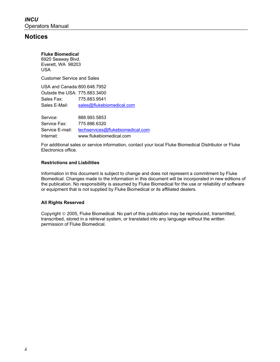 Frontmatter, Notices | Fluke Biomedical INCU Incubator Analyzer User Manual | Page 2 / 72