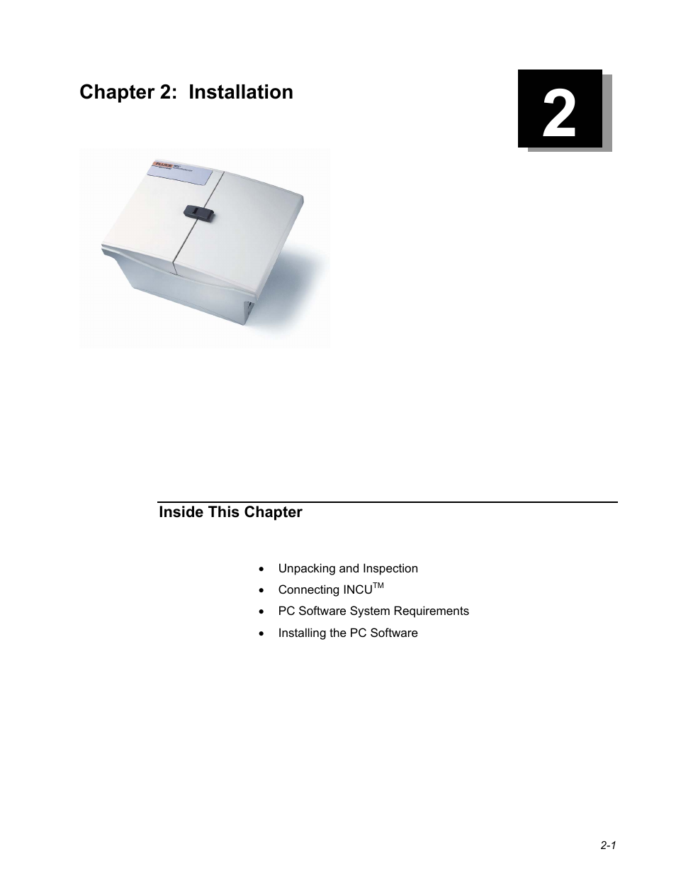 Installation, Chapter 2: installation | Fluke Biomedical INCU Incubator Analyzer User Manual | Page 21 / 72