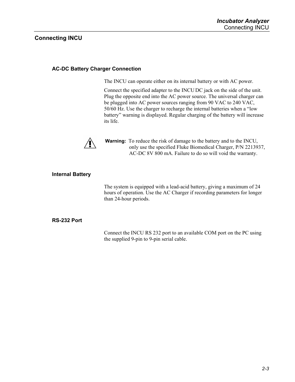 Connecting incu, Ac-dc battery charger connection, Internal battery | Rs-232 port | Fluke Biomedical INCU Incubator Analyzer User Manual | Page 23 / 72