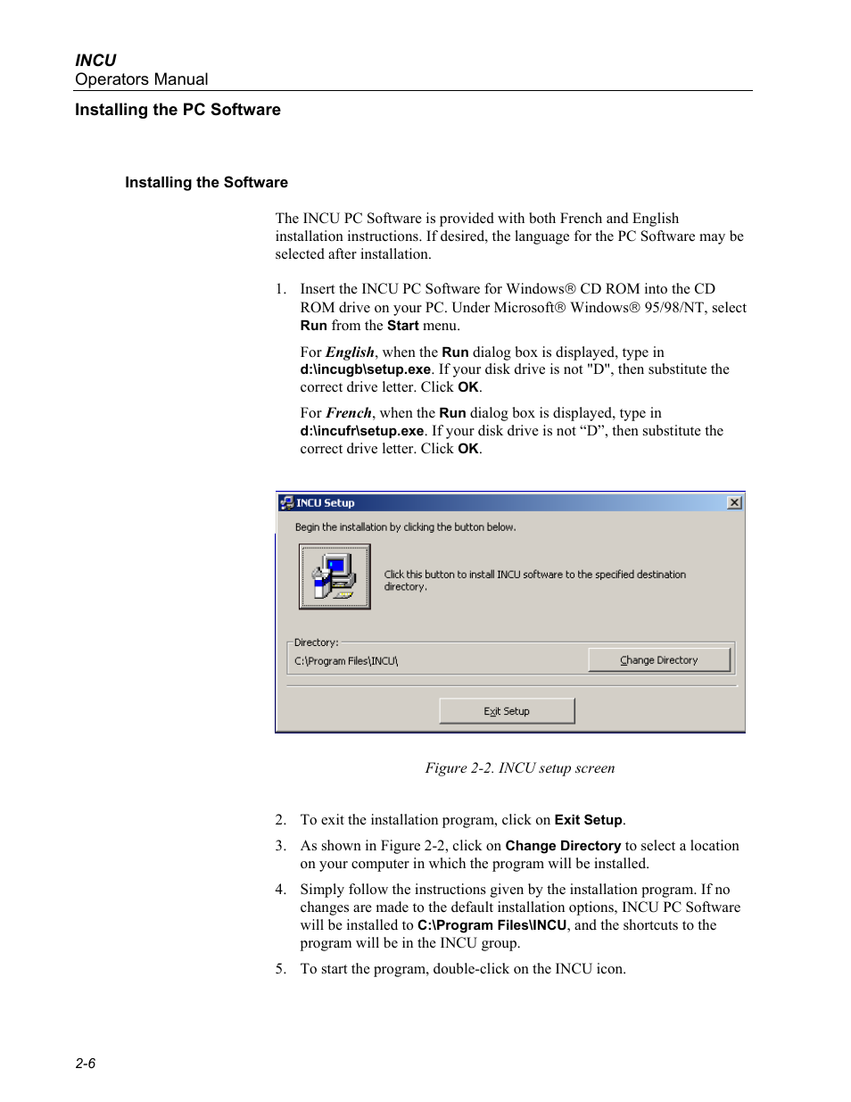 Installing the pc software, Installing the software | Fluke Biomedical INCU Incubator Analyzer User Manual | Page 26 / 72